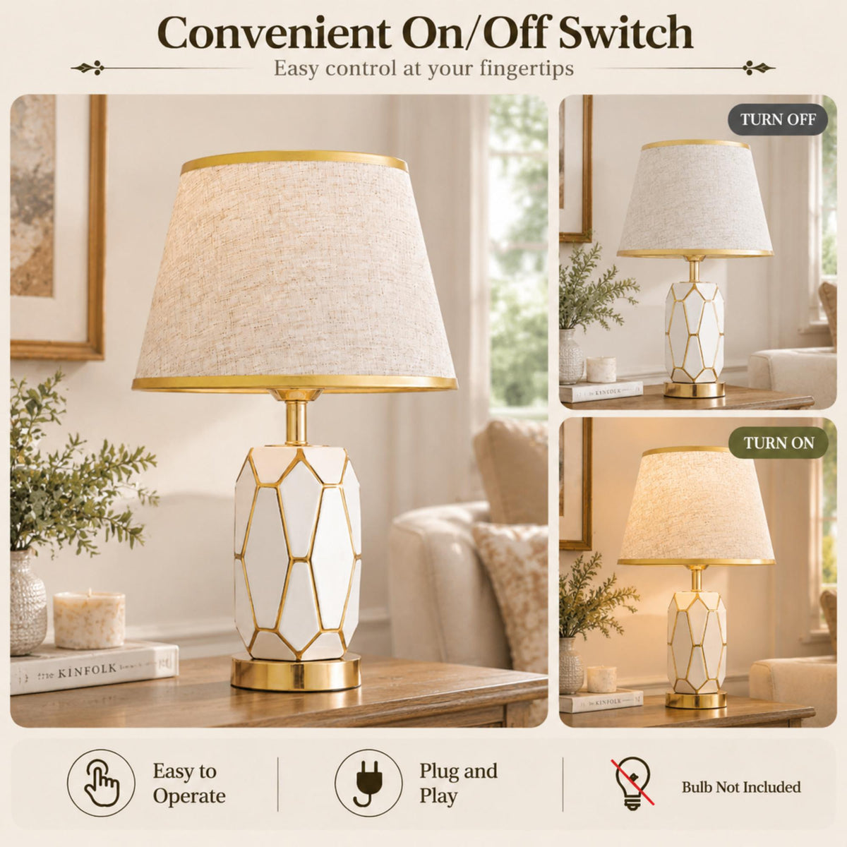 Modern Glam Table Lamp with Natural Linen Shade, Geometric Glass Body and Polished Gold Accents