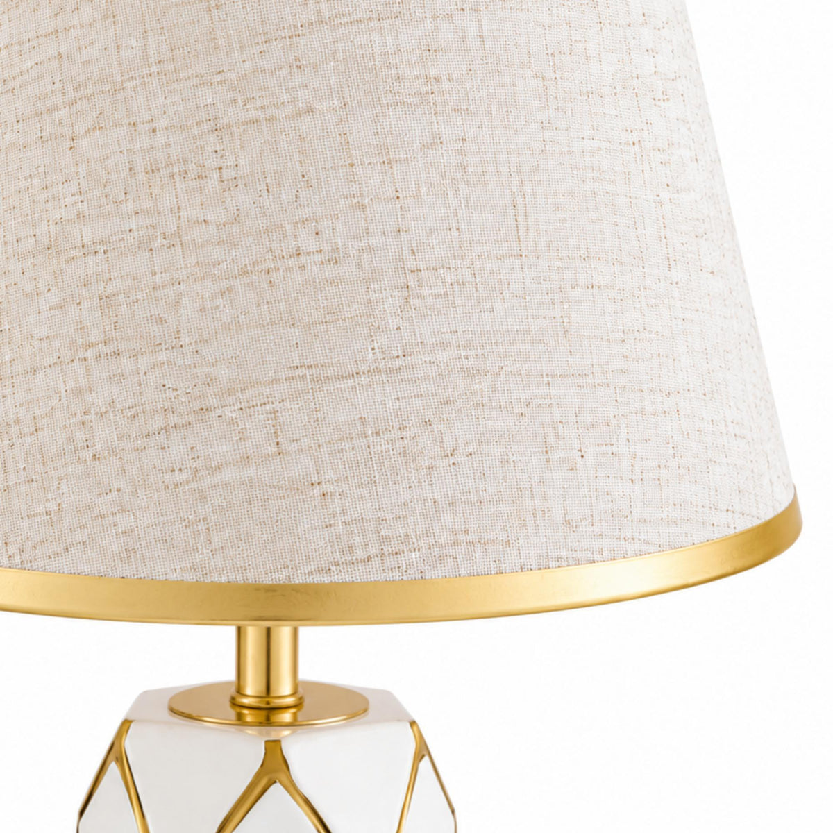 Modern Glam Table Lamp with Natural Linen Shade, Geometric Glass Body and Polished Gold Accents