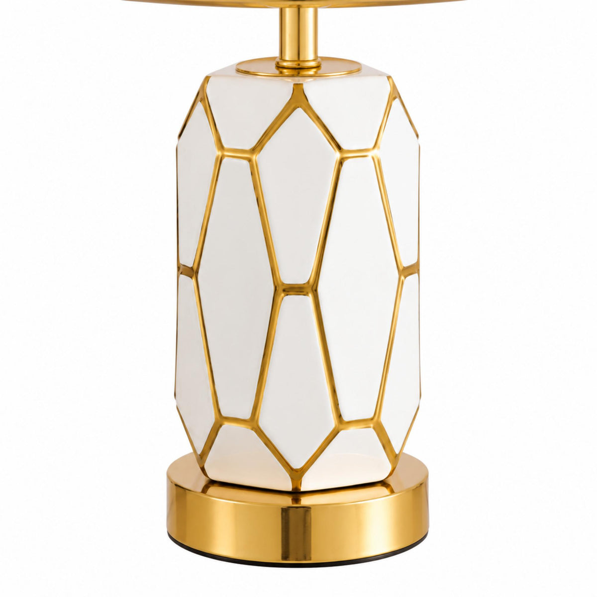 Modern Glam Table Lamp with Natural Linen Shade, Geometric Glass Body and Polished Gold Accents
