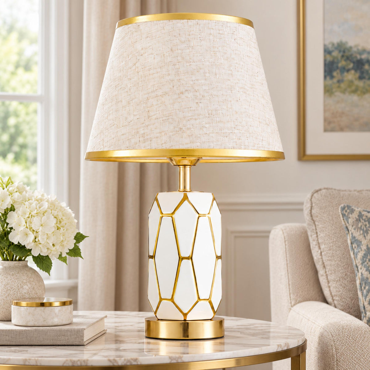 Modern Glam Table Lamp with Natural Linen Shade, Geometric Glass Body and Polished Gold Accents