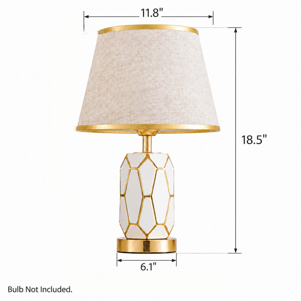 Modern Glam Table Lamp with Natural Linen Shade, Geometric Glass Body and Polished Gold Accents