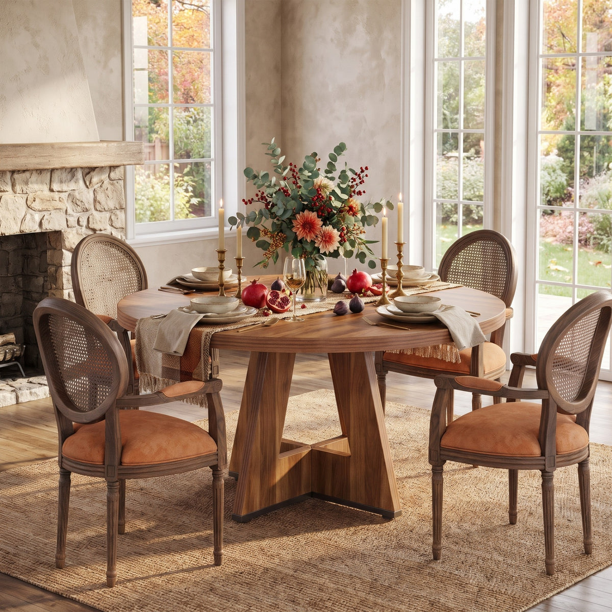 Round Dining Table with Sculptural Cross Pedestal Base