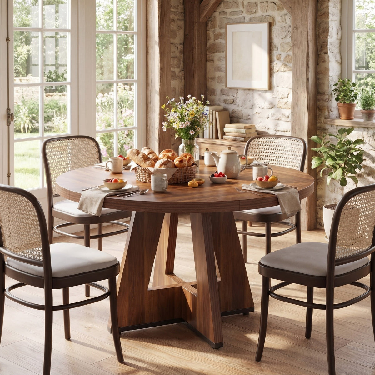 Round Dining Table with Sculptural Cross Pedestal Base