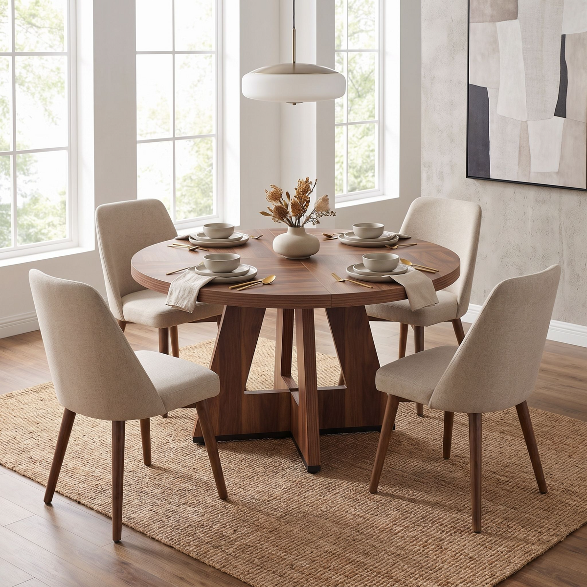 Round Dining Table with Sculptural Cross Pedestal Base