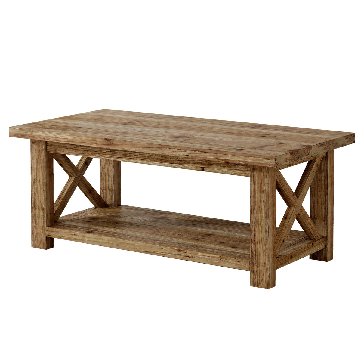 Rustic Coffee Table with Open Shelf and X-Frame Detail