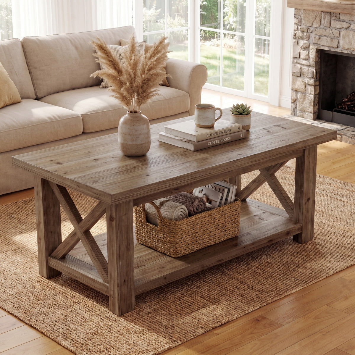 Rustic Coffee Table with Open Shelf and X-Frame Detail