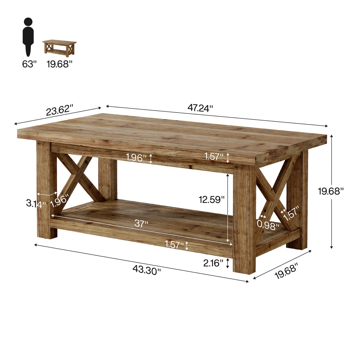 Rustic Coffee Table with Open Shelf and X-Frame Detail