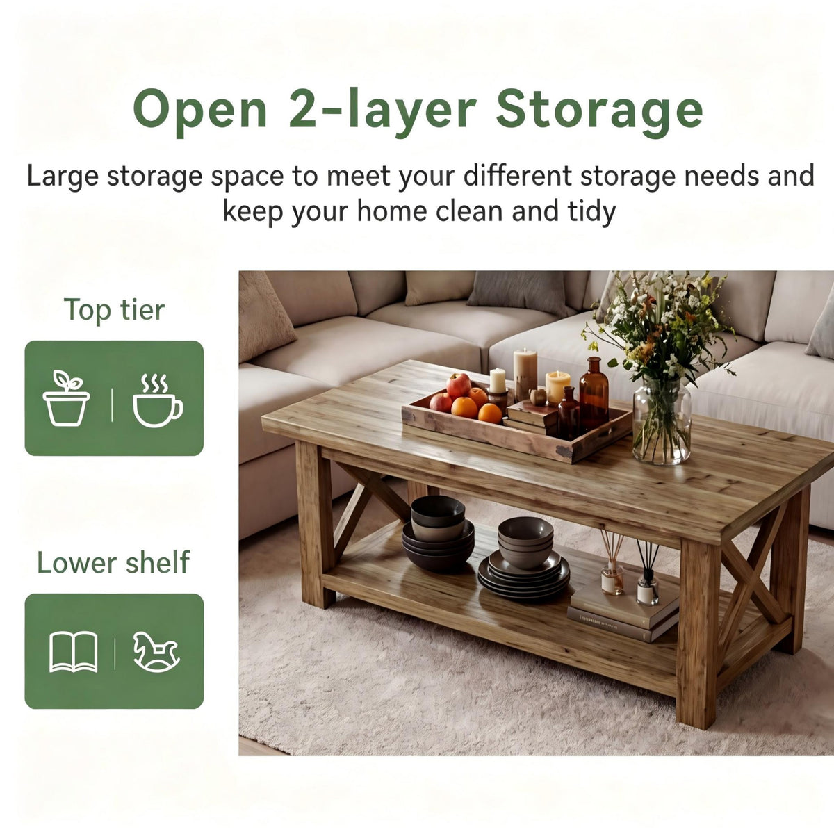 Rustic Coffee Table with Open Shelf and X-Frame Detail