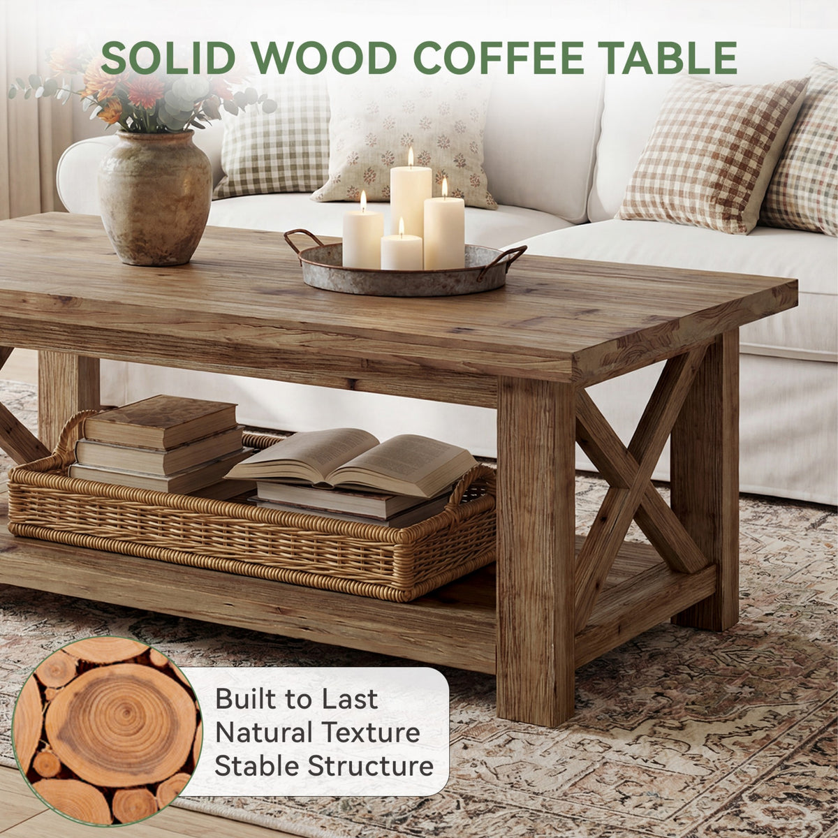 Rustic Coffee Table with Open Shelf and X-Frame Detail