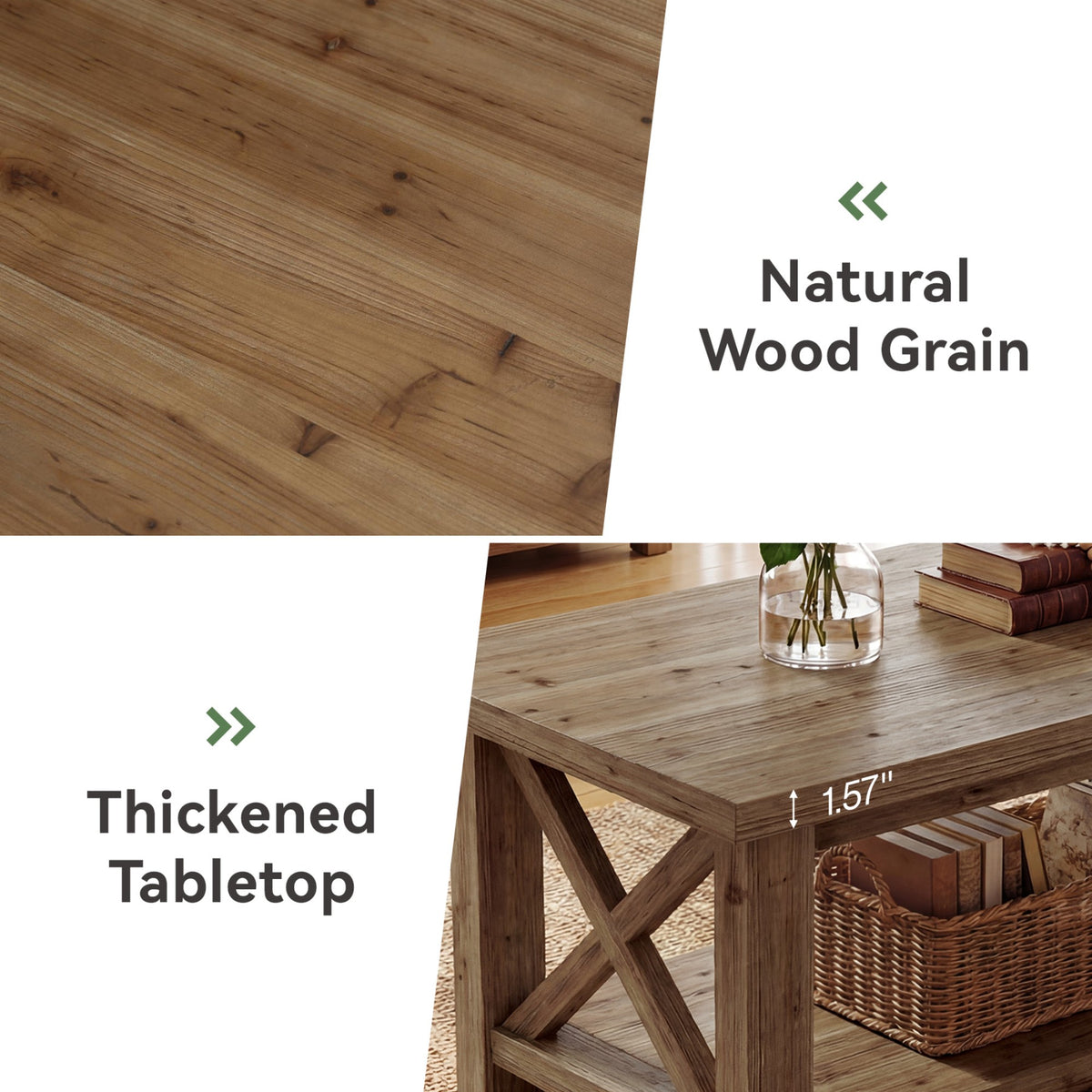 Rustic Coffee Table with Open Shelf and X-Frame Detail