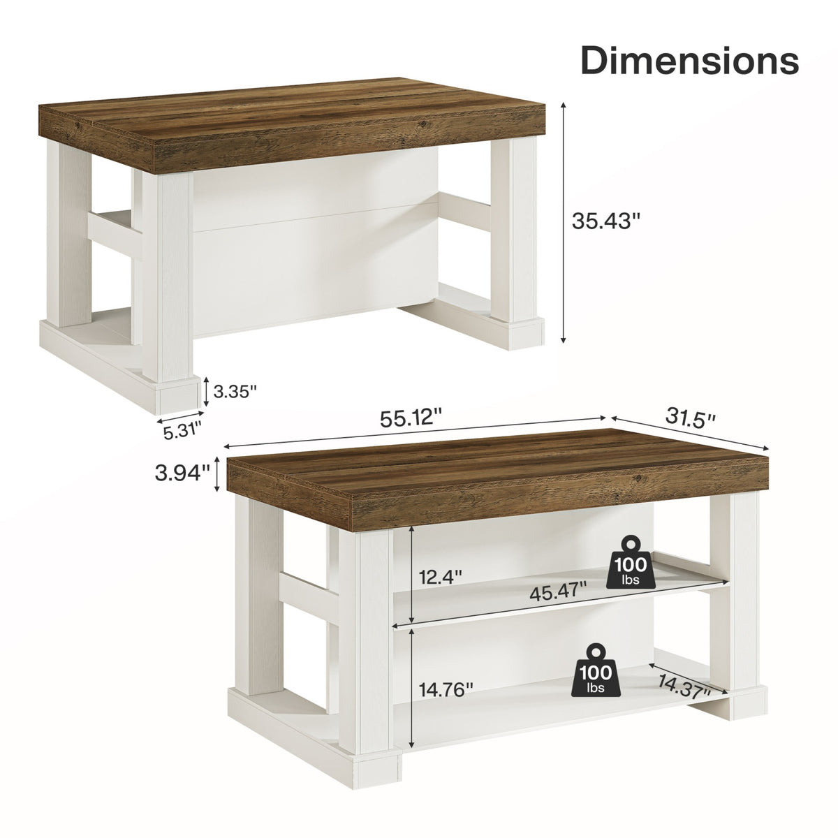 Two-Tone Kitchen Island with Open Storage Shelves