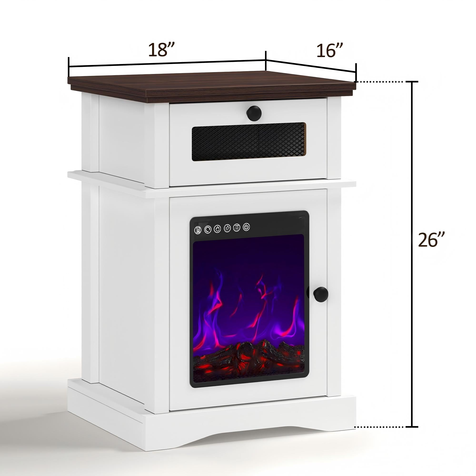 LED Nightstand with Drawer and 3D Fireplace Flame for Bedroom and Living Room