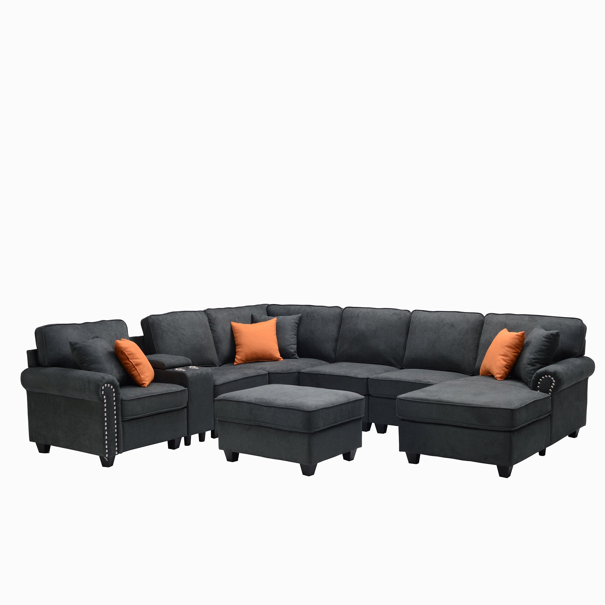 U-Shape Sectional With Cupholder Console And Ottoman