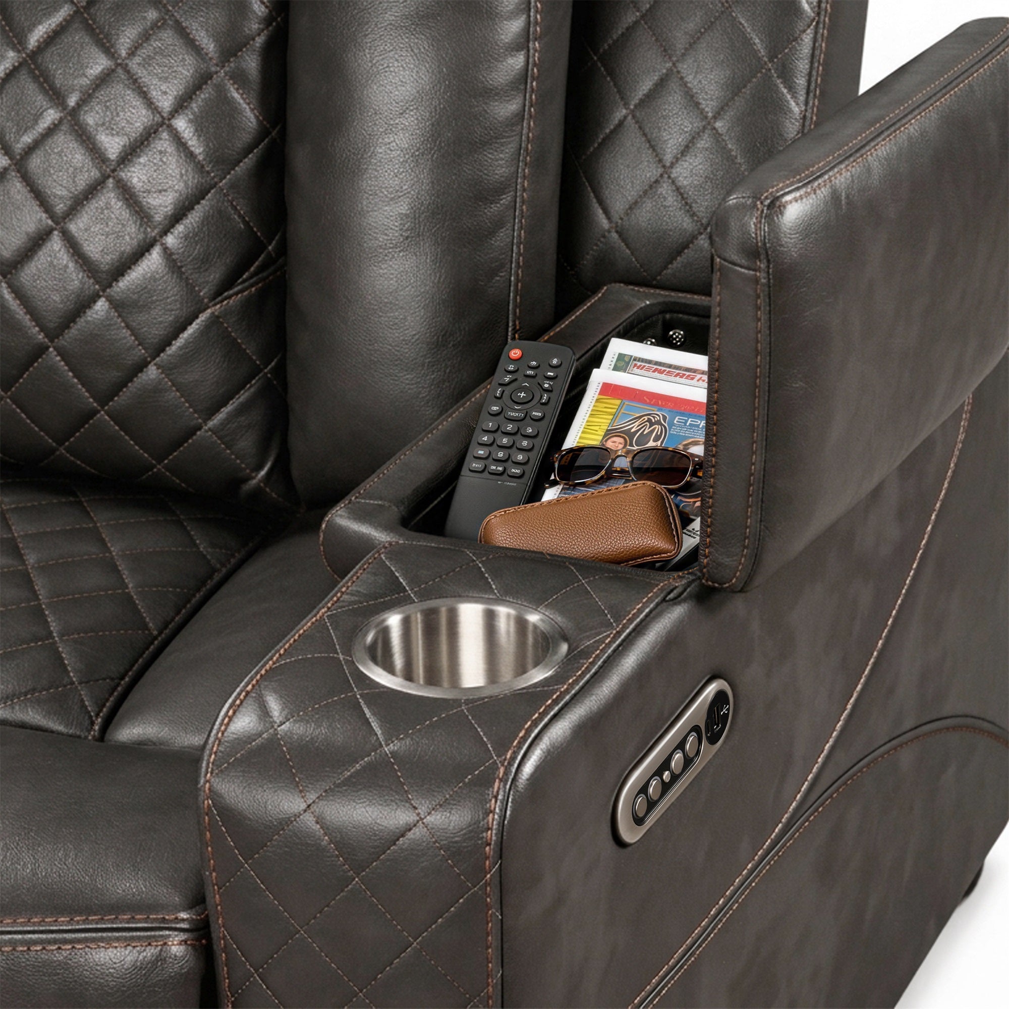 the flip-top storage compartment and cup holders