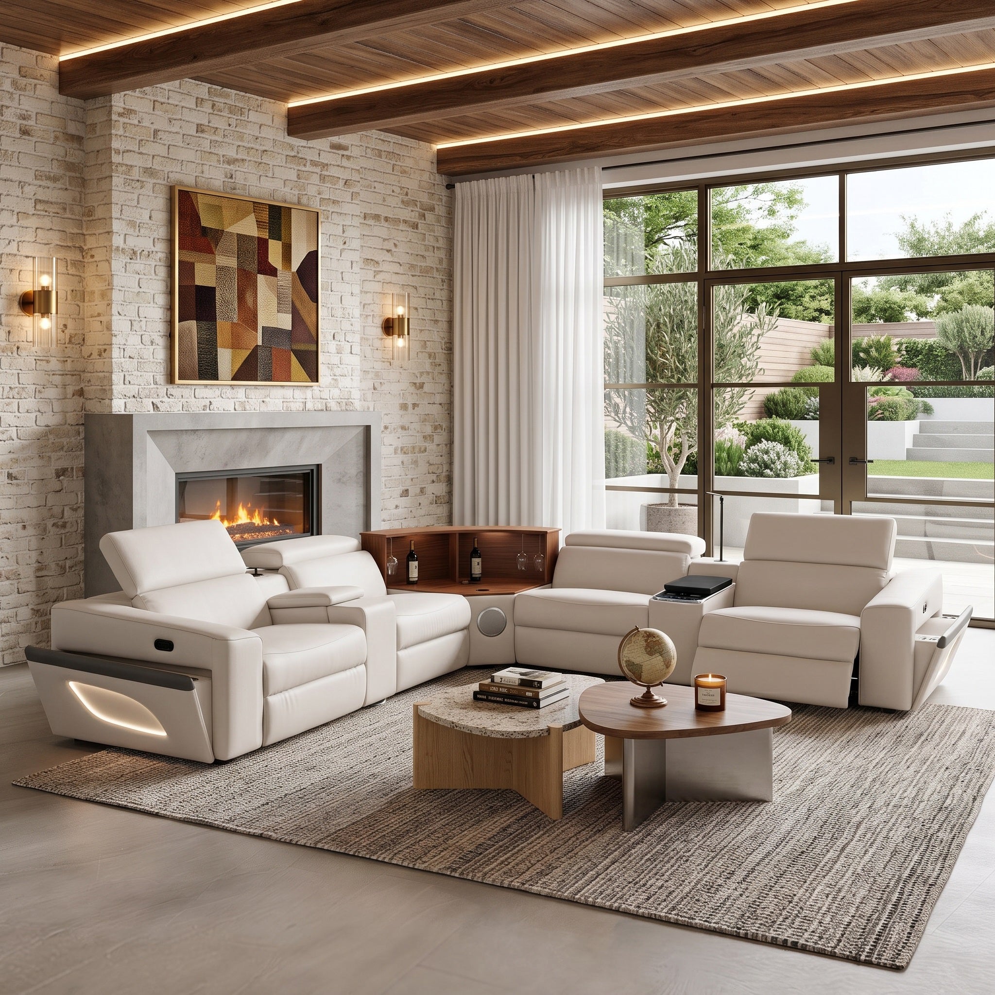 Beige eco air leather power recliner sectional sofa, built-in wine cabinet, bluetooth speaker, wireless charging, LED ambient lighting for living room
