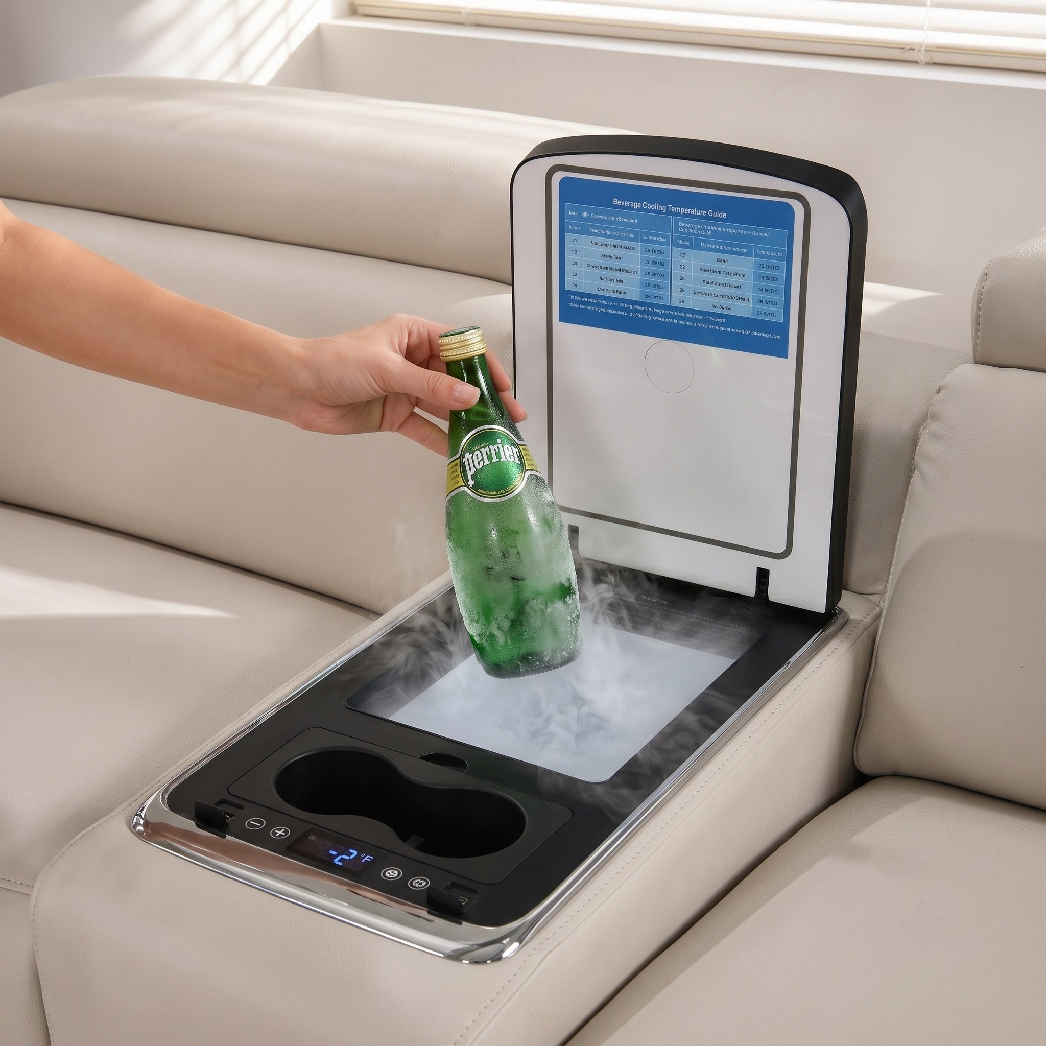 A multifunctional fridge console with customizable temperature, wireless charger, and removable touch reading light for convenience and style.