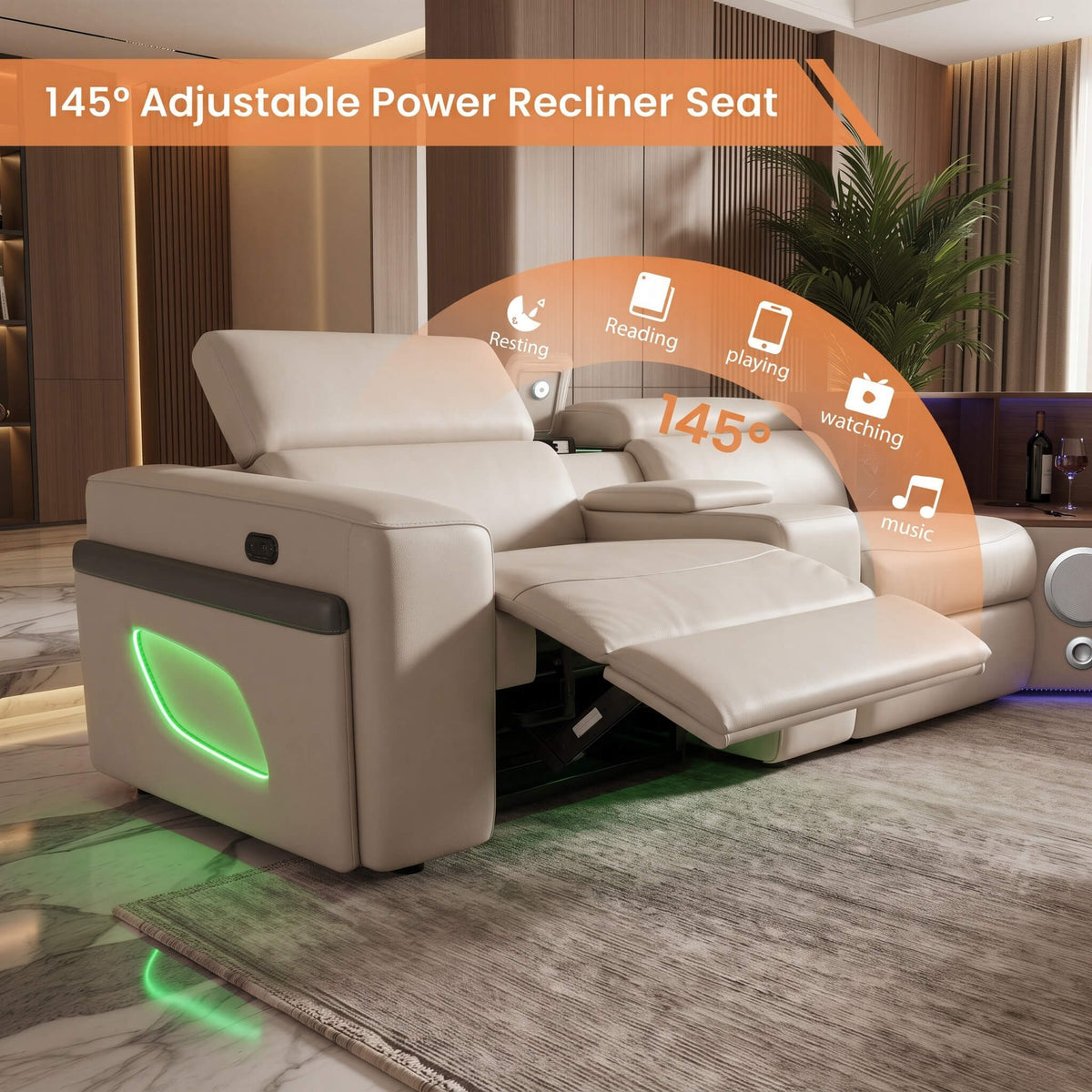 Air Leather Power Reclining Sectional Sofa with Recliner in Beige (MC3028A)