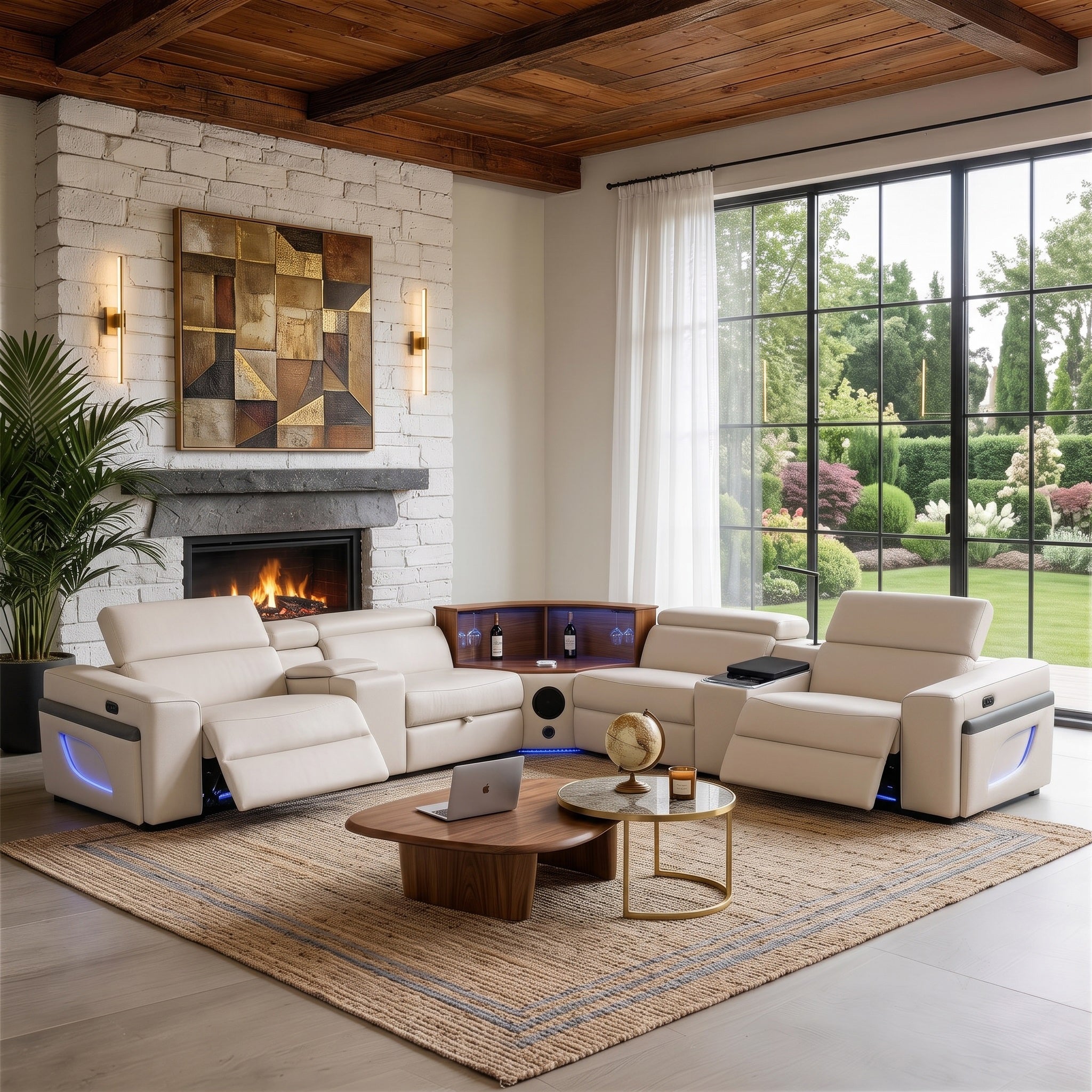 Beige eco air leather power recliner sectional sofa, built-in wine cabinet, bluetooth speaker, wireless charging, LED ambient lighting for living room