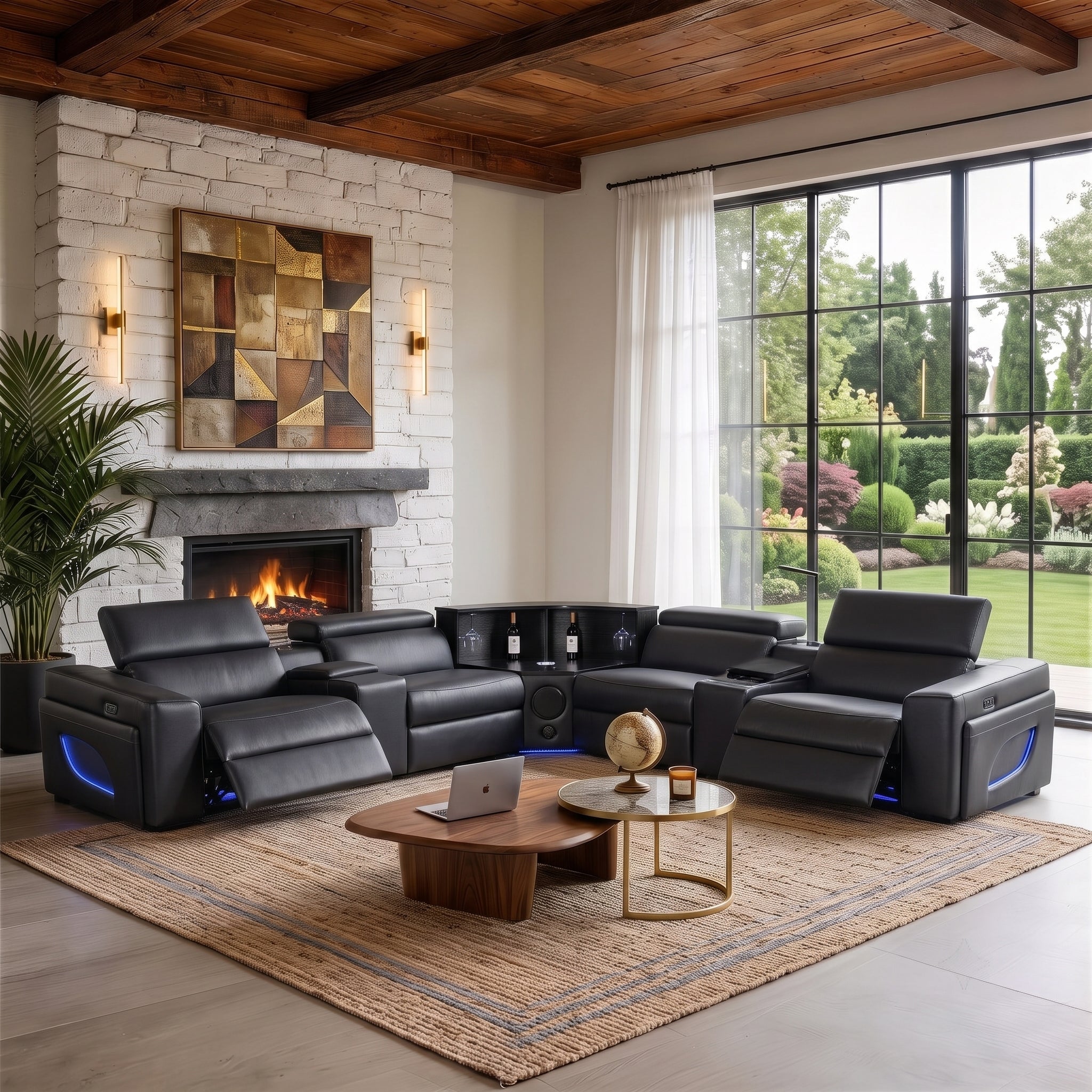 Black eco air leather power recliner sectional sofa, built-in wine cabinet, bluetooth speaker, wireless charging, LED ambient lighting for living room