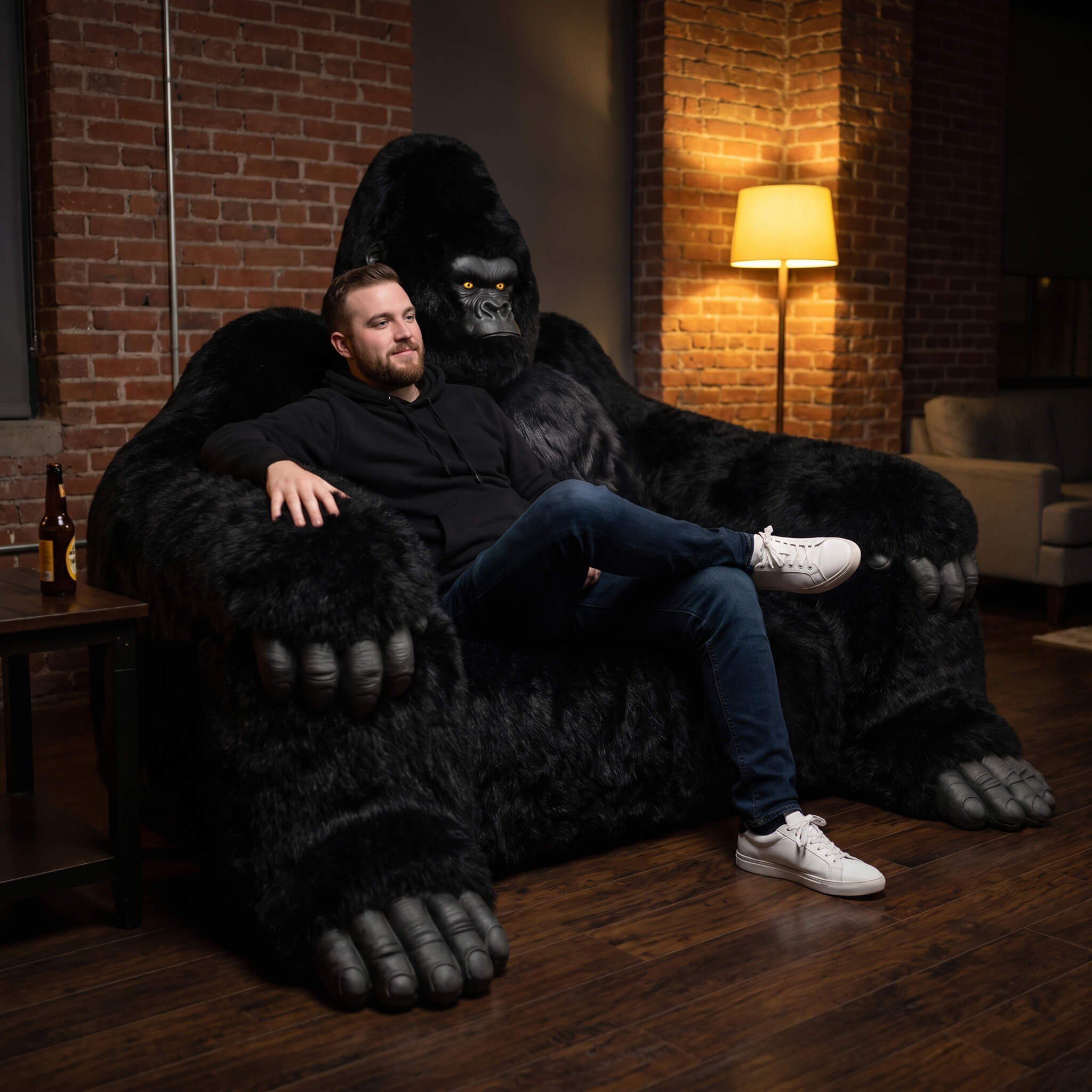 A man is sitting on the oversized gorilla-shaped sofa in the basement.