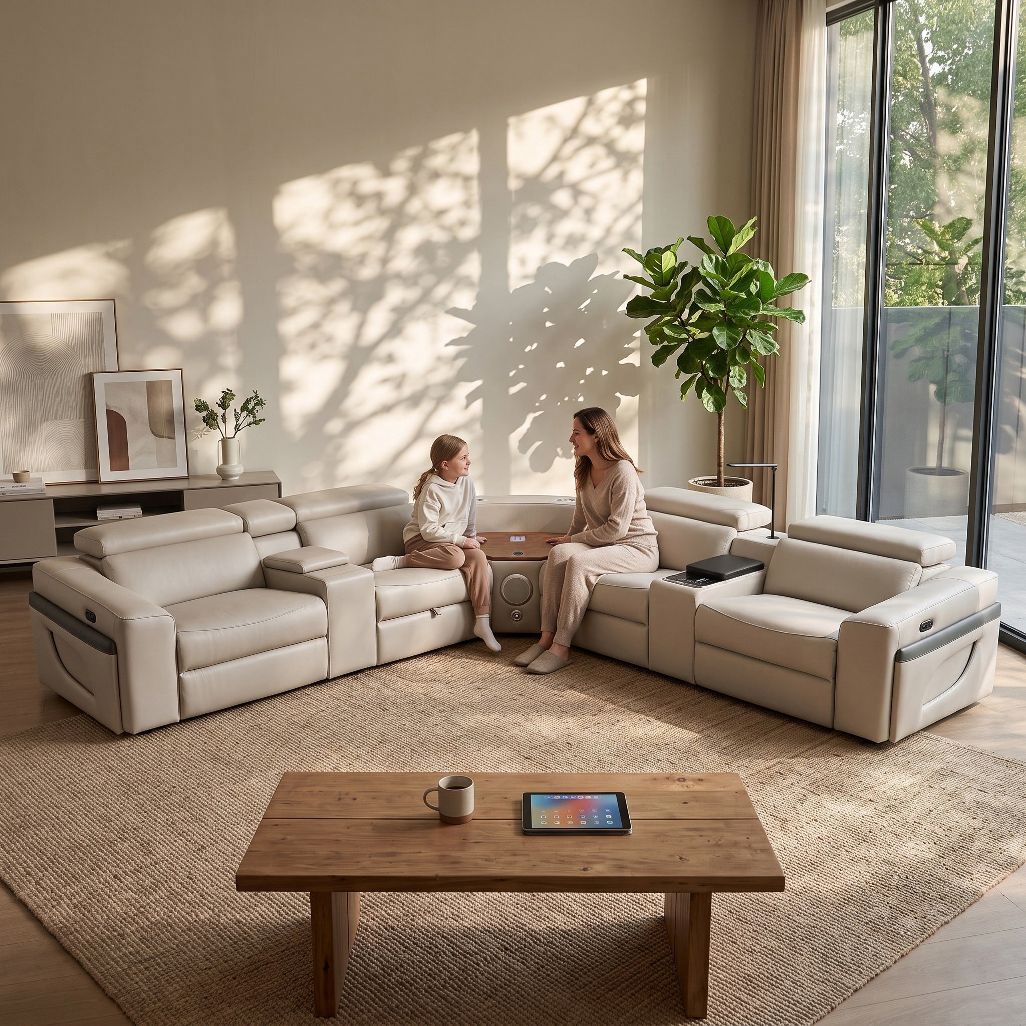 A woman is sitting on the beige power recliner air leather sectional, chatting happily with her daughter.