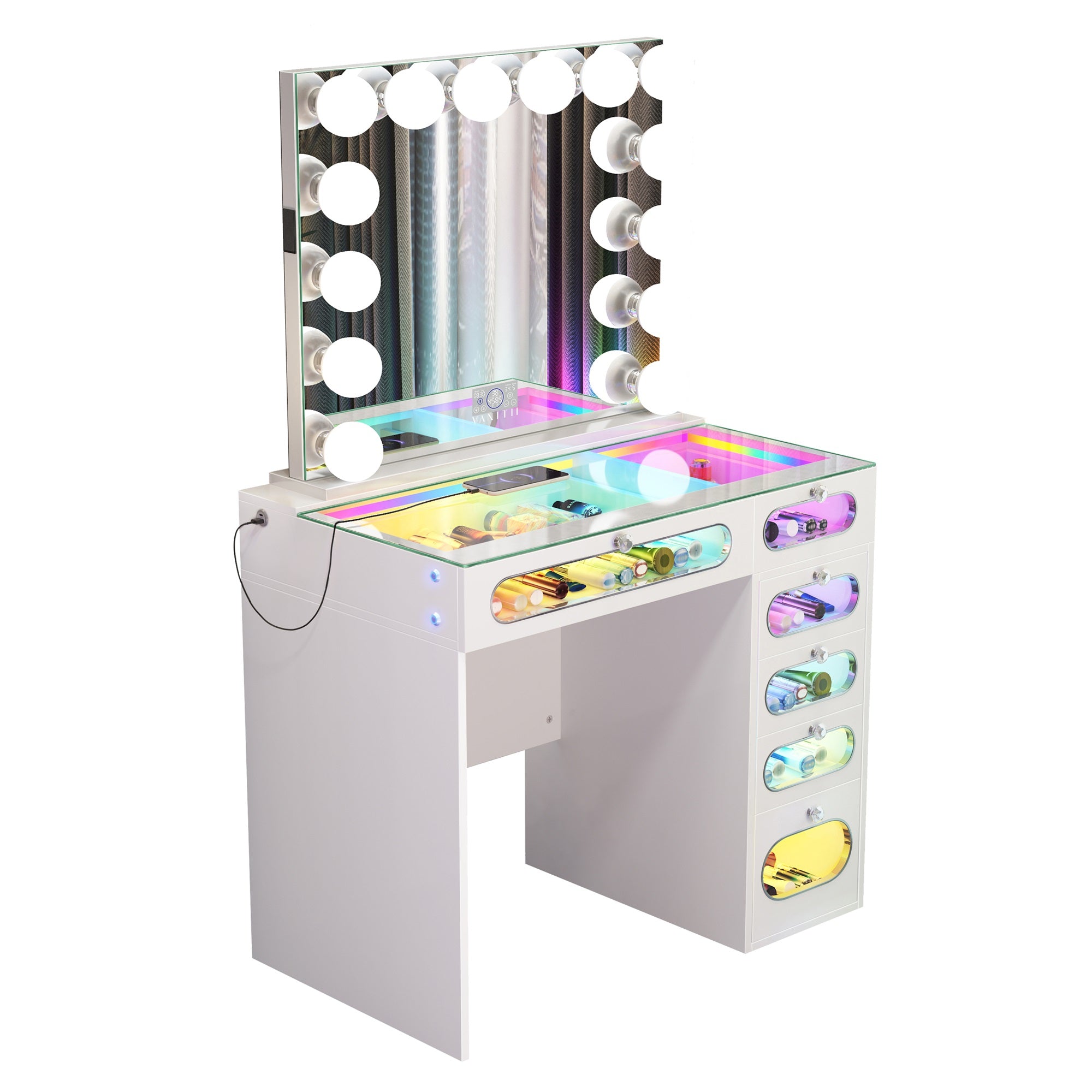 New Release ! VANITII 6 Glass Fronted Drawers Vanity Desk with Marilyn Vanity Mirror