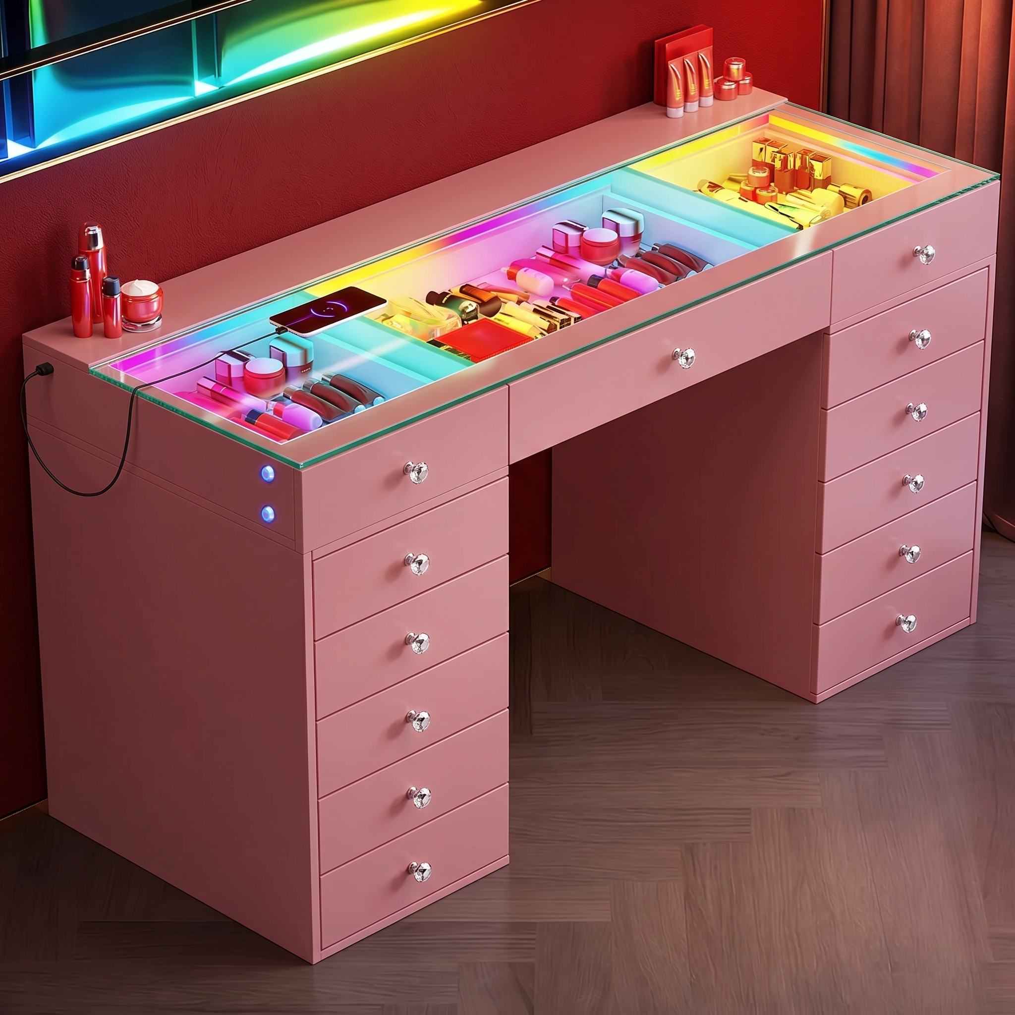 Promotion Deal! VANITII Eva-RGB Vanity Desk with 13 Storage Drawers（VNT-EVA(IVY-TOP)-RGB-WHT-A）