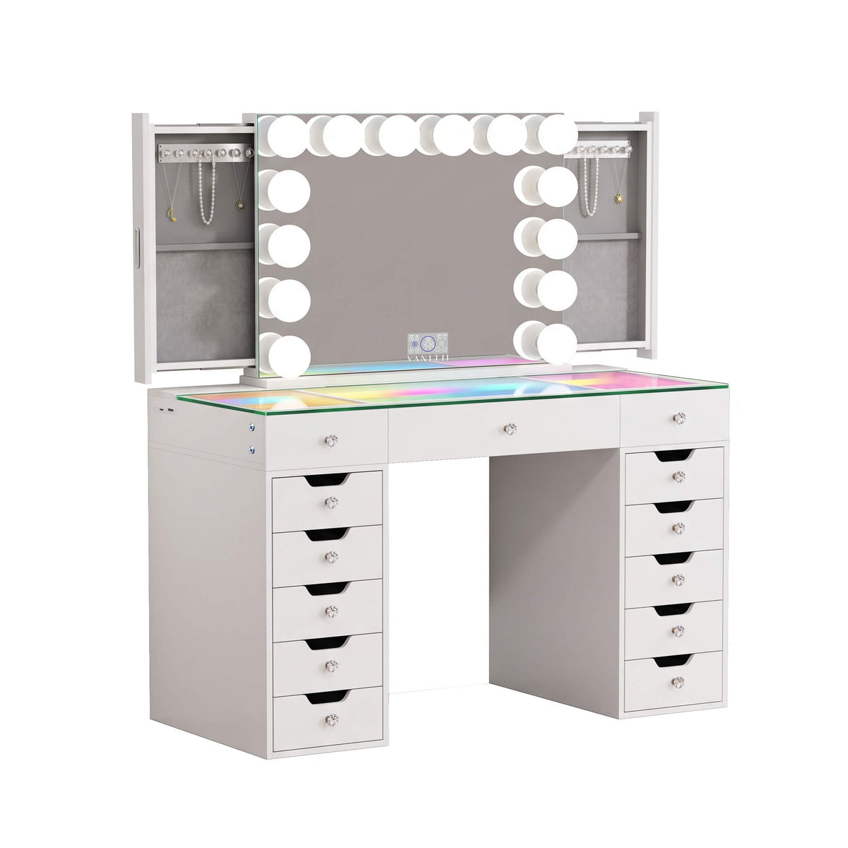 VANITII Eva-RGB Vanity Desk Set Including Marilyn Hollywood Vanity Mirror Pro with Jewelry Organizer