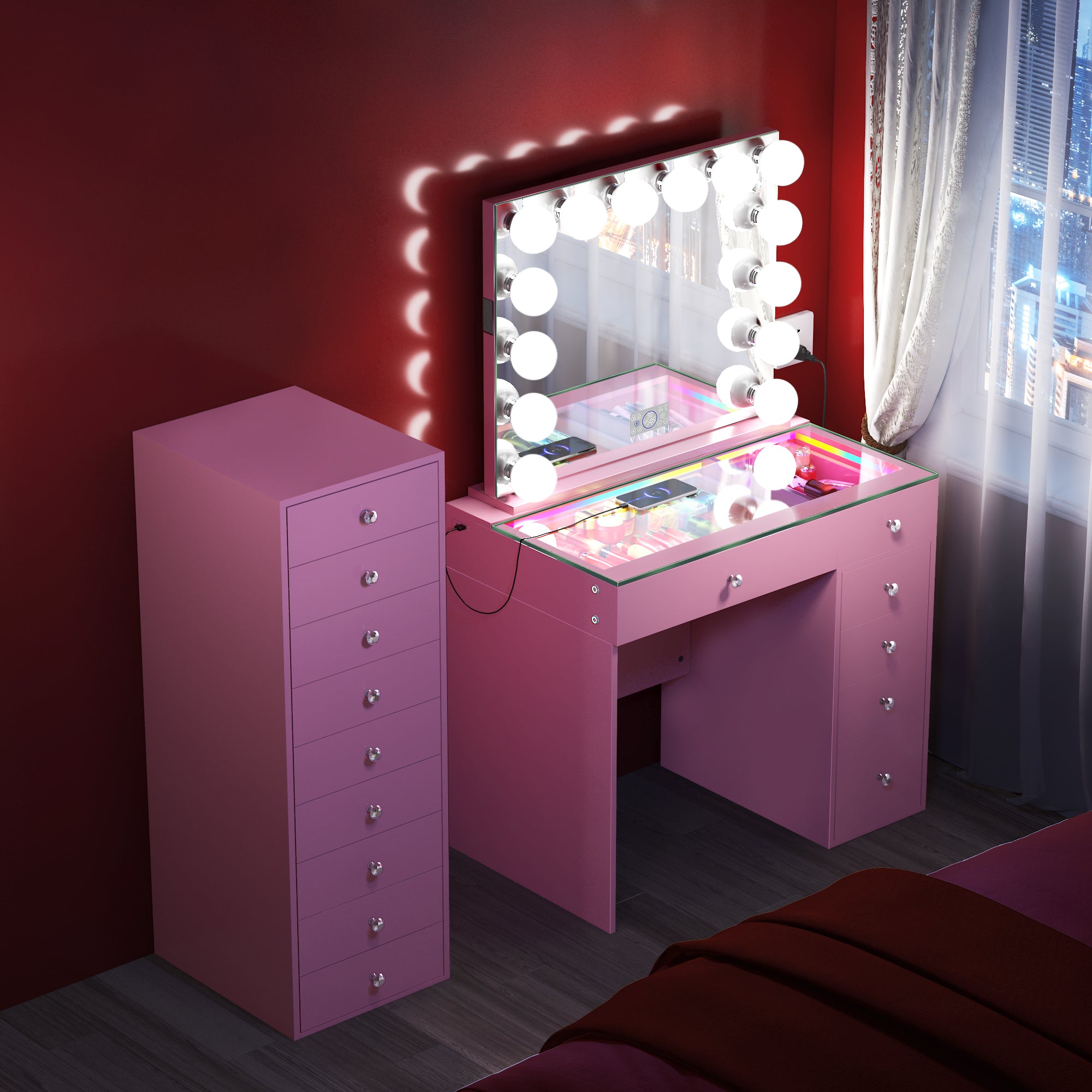 April Promotion ! VANITII Mini Diana Vanity Desk with Marilyn Hollywood Vanity Mirror and 9 Drawer Unit (Only sell in California)