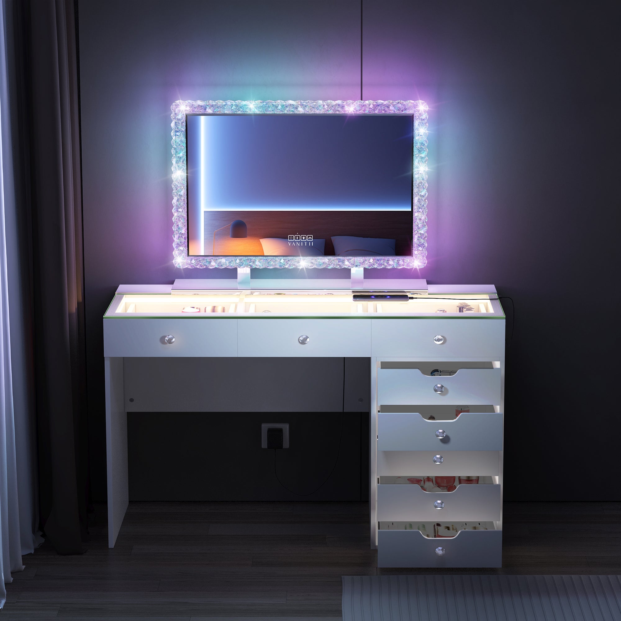 May Promotion !  Diana 8 Vanity Desk with Crystal Diamond Mirror