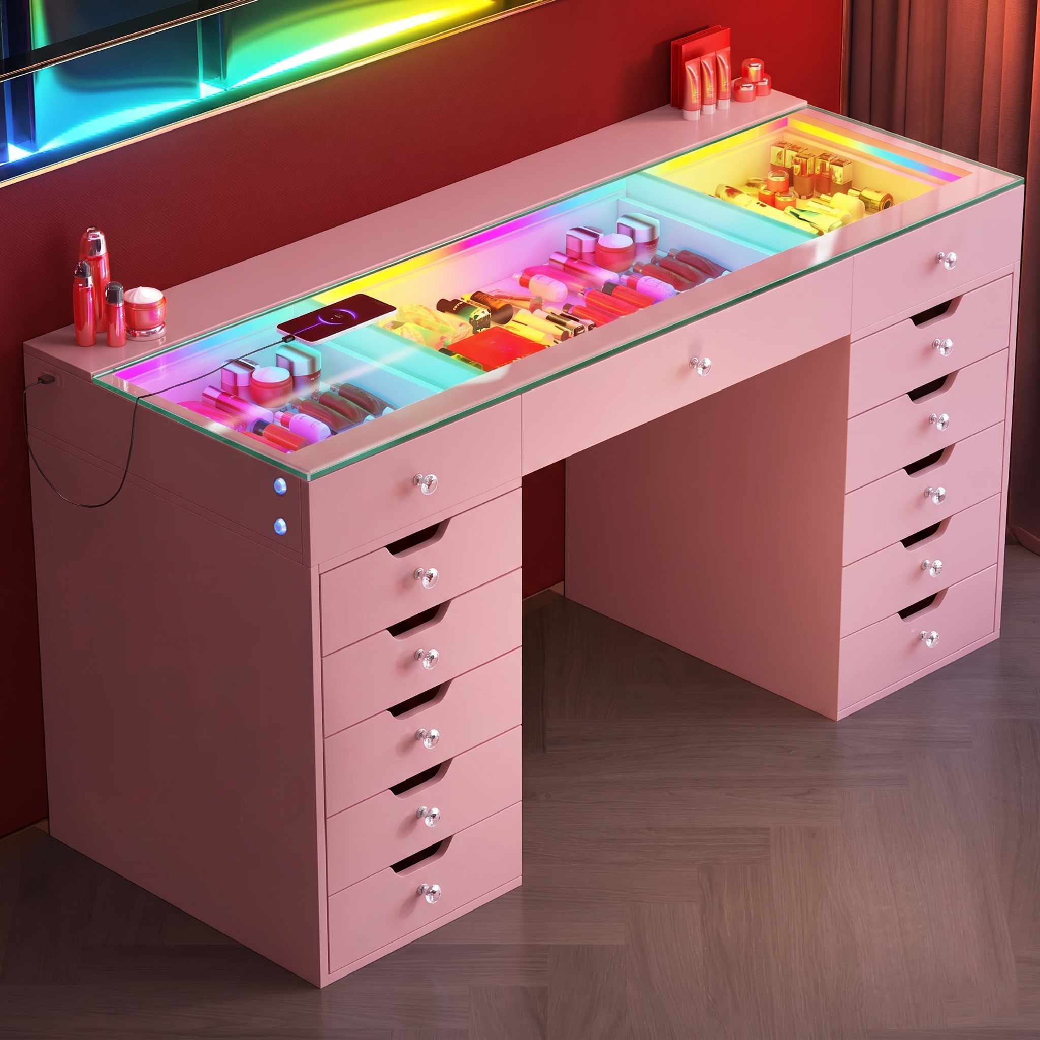 Promotion Deal! VANITII Eva-RGB Vanity Desk Set with 13 Storage Drawers（VNT-EVA(IVY-TOP)-RGB-WHT）
