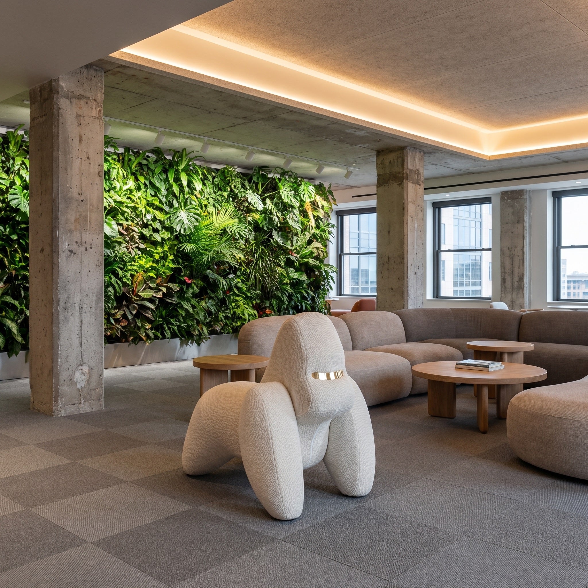 The white gorilla chair is placed in front of the sofa in the living room.