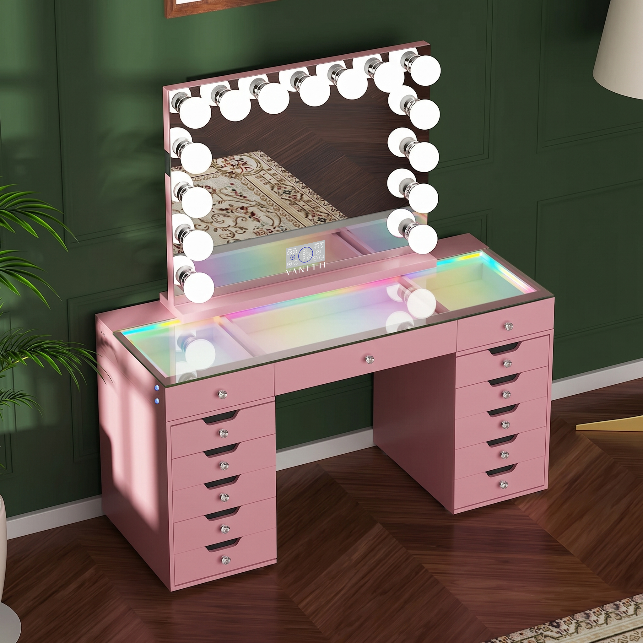 Promotion Deal! VANITII Eva-RGB Vanity Desk Set with 13 Storage Drawers and 15 Bulbs Light Mirror（EVA(IVY-TOP)-RGB+10080BT-WHT）