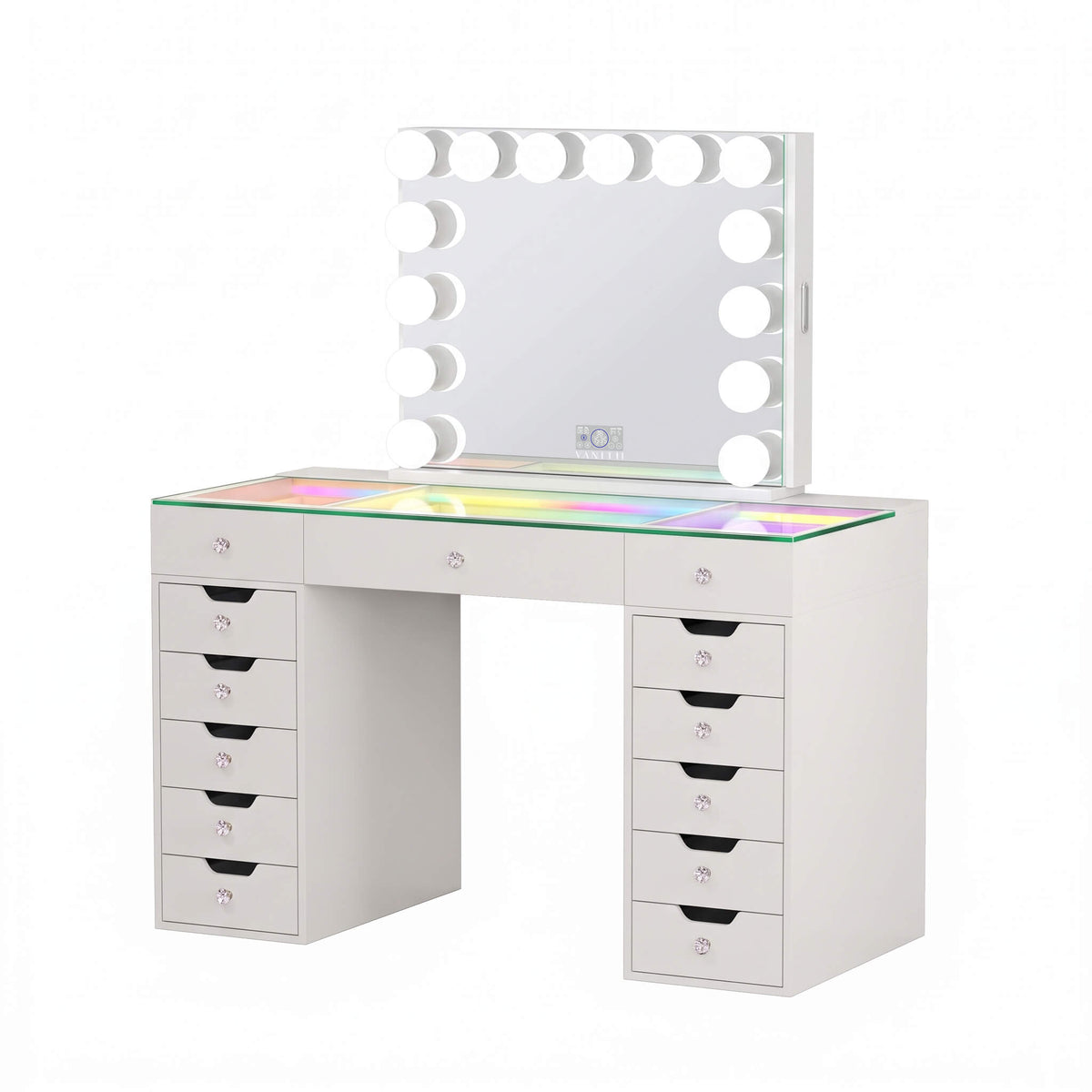 VANITII Eva-RGB Vanity Desk Set Including Marilyn Hollywood Vanity Mirror Pro with Jewelry Organizer