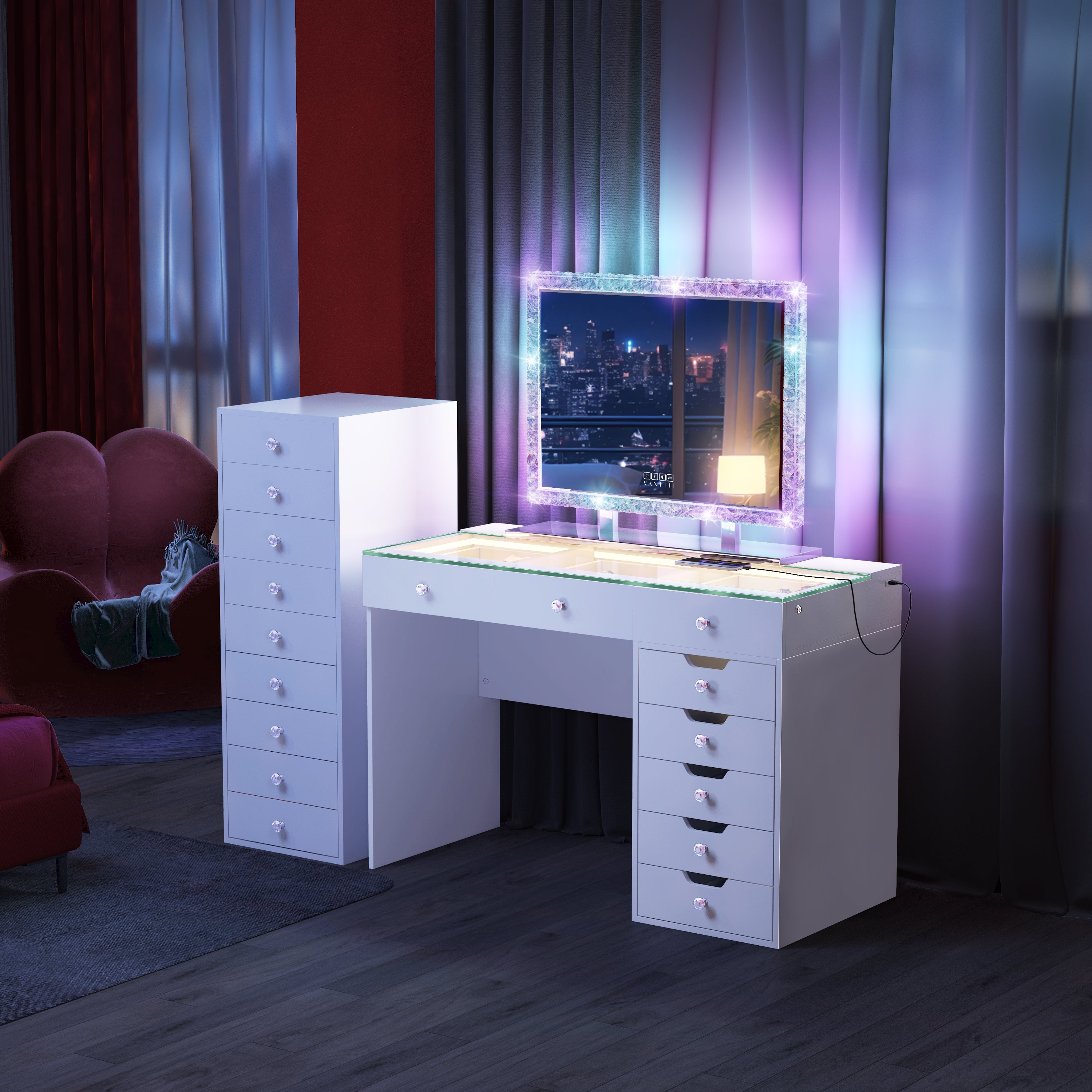 May Promotion !  Diana 8 Vanity Desk with Crystal Diamond Mirror and 9 Drawer Storage Unit(Only Sell In Dallas)
