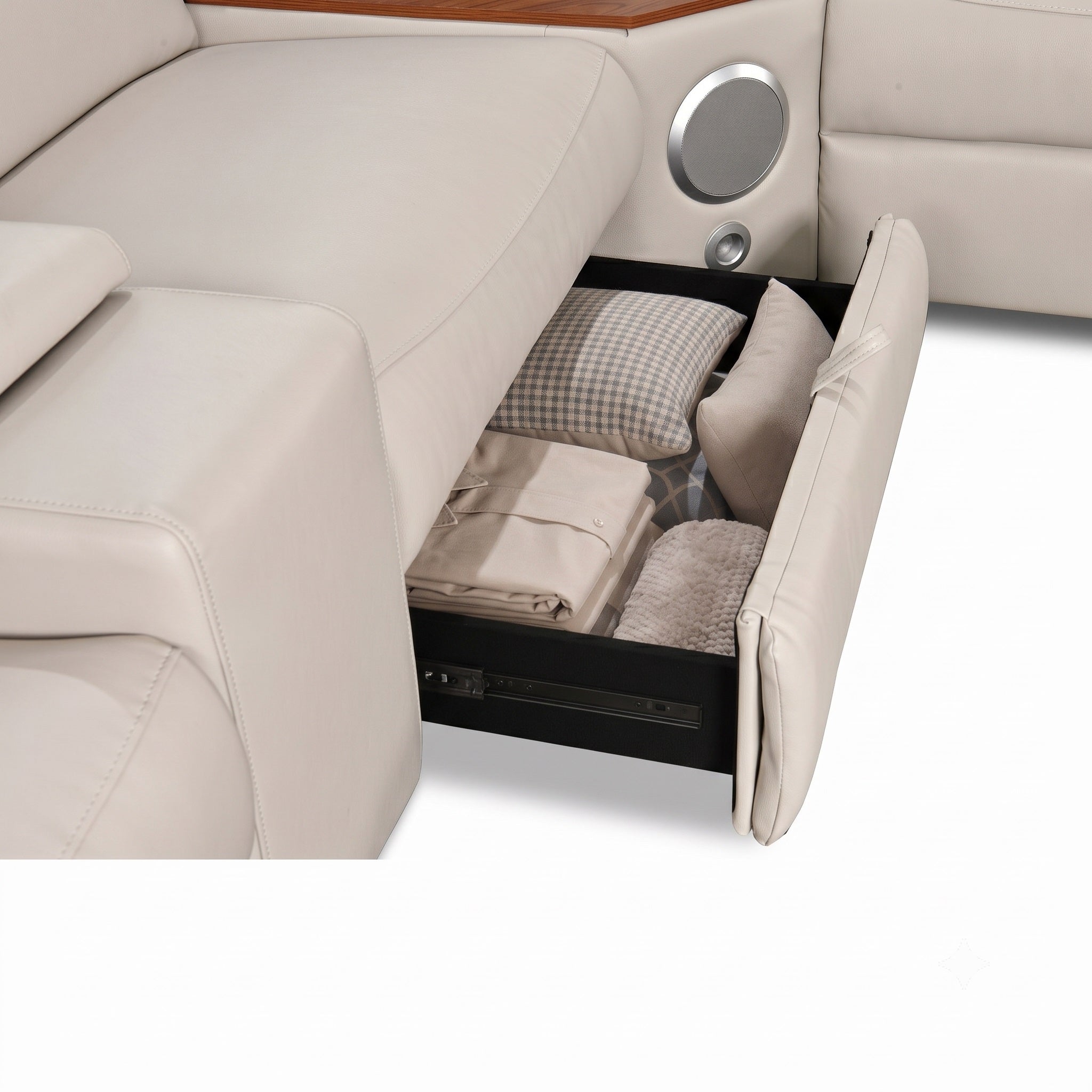 Equipped with a built-in soft-close hinged lid that opens gently and safely, offering generous storage space for blankets, throws, and remote controls.
