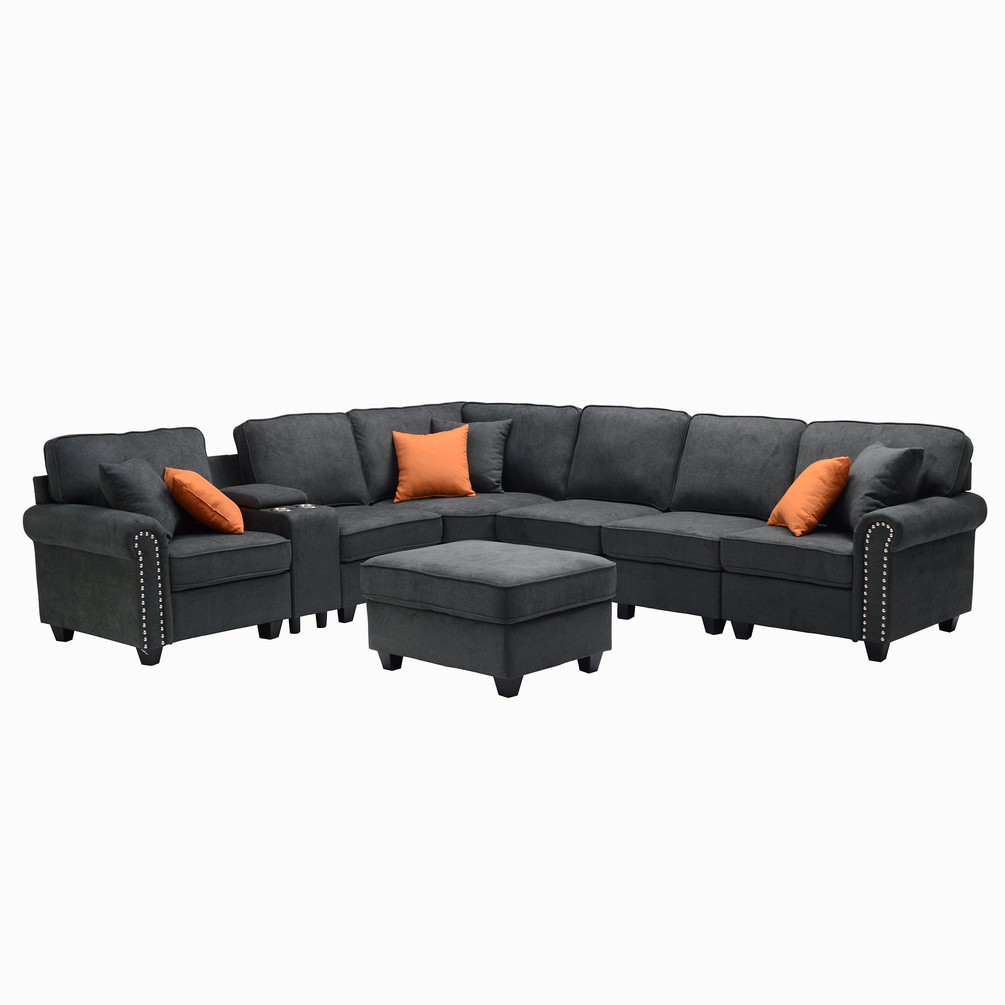 L-Shape Sectional With Cupholder Console And Ottoman
