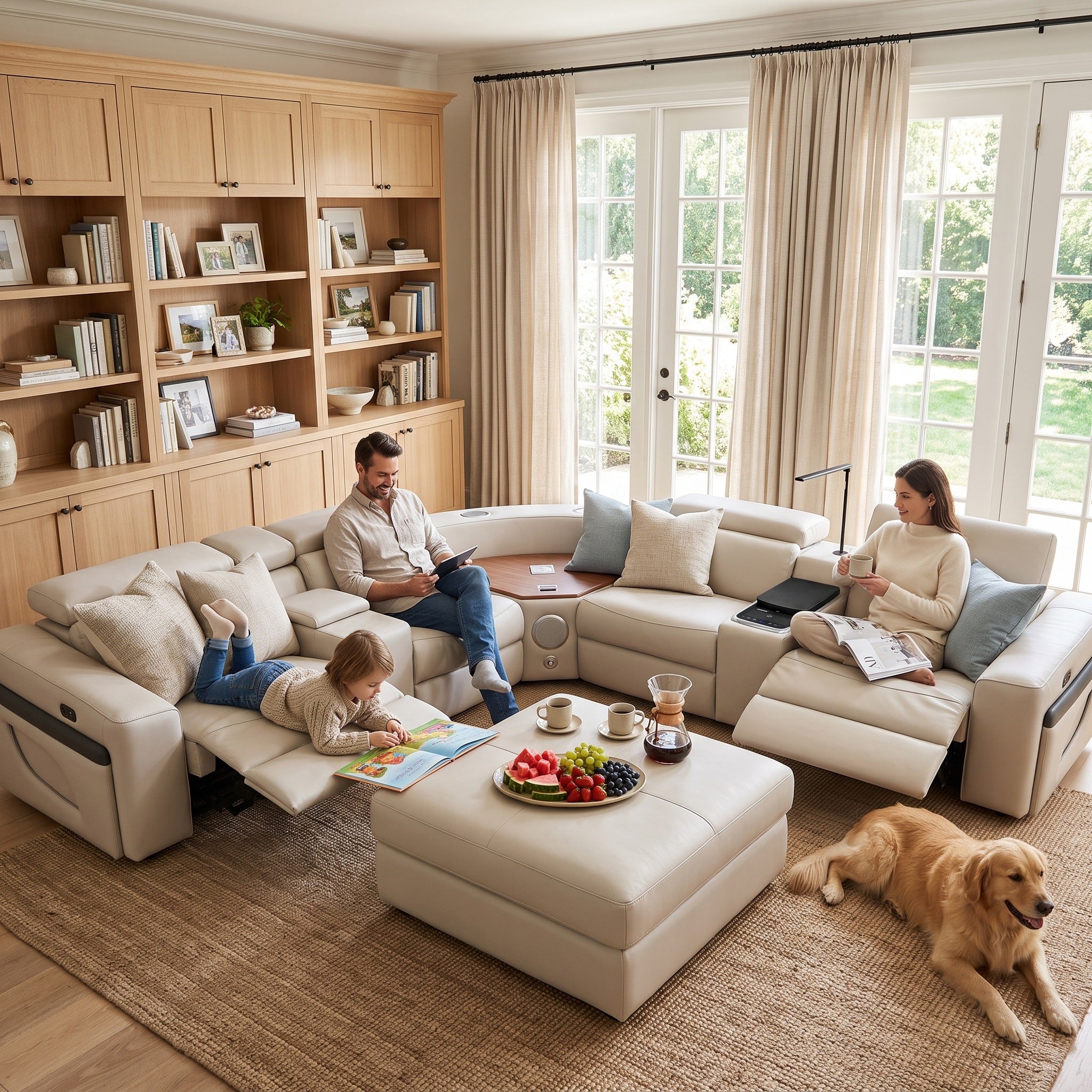 The family of three sat happily on the beige power recliner air leather sectional in the living room, enjoying each other's company.