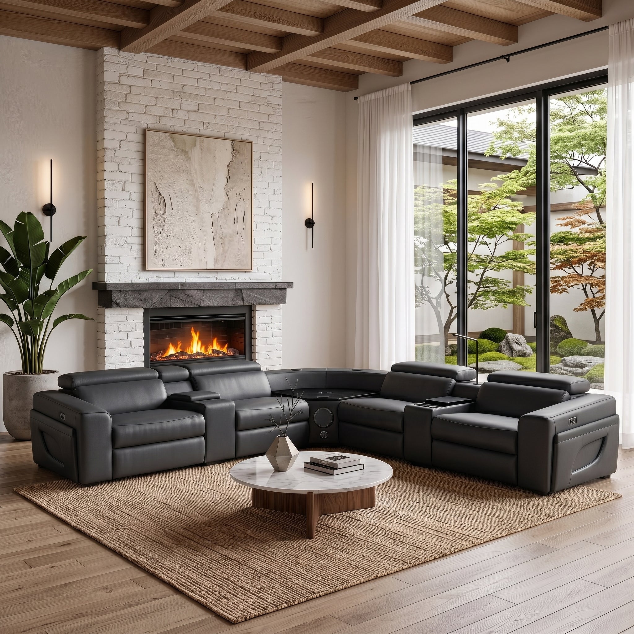 Black eco air leather power recliner sectional sofa, built-in wine cabinet, bluetooth speaker, wireless charging, LED ambient lighting for living room