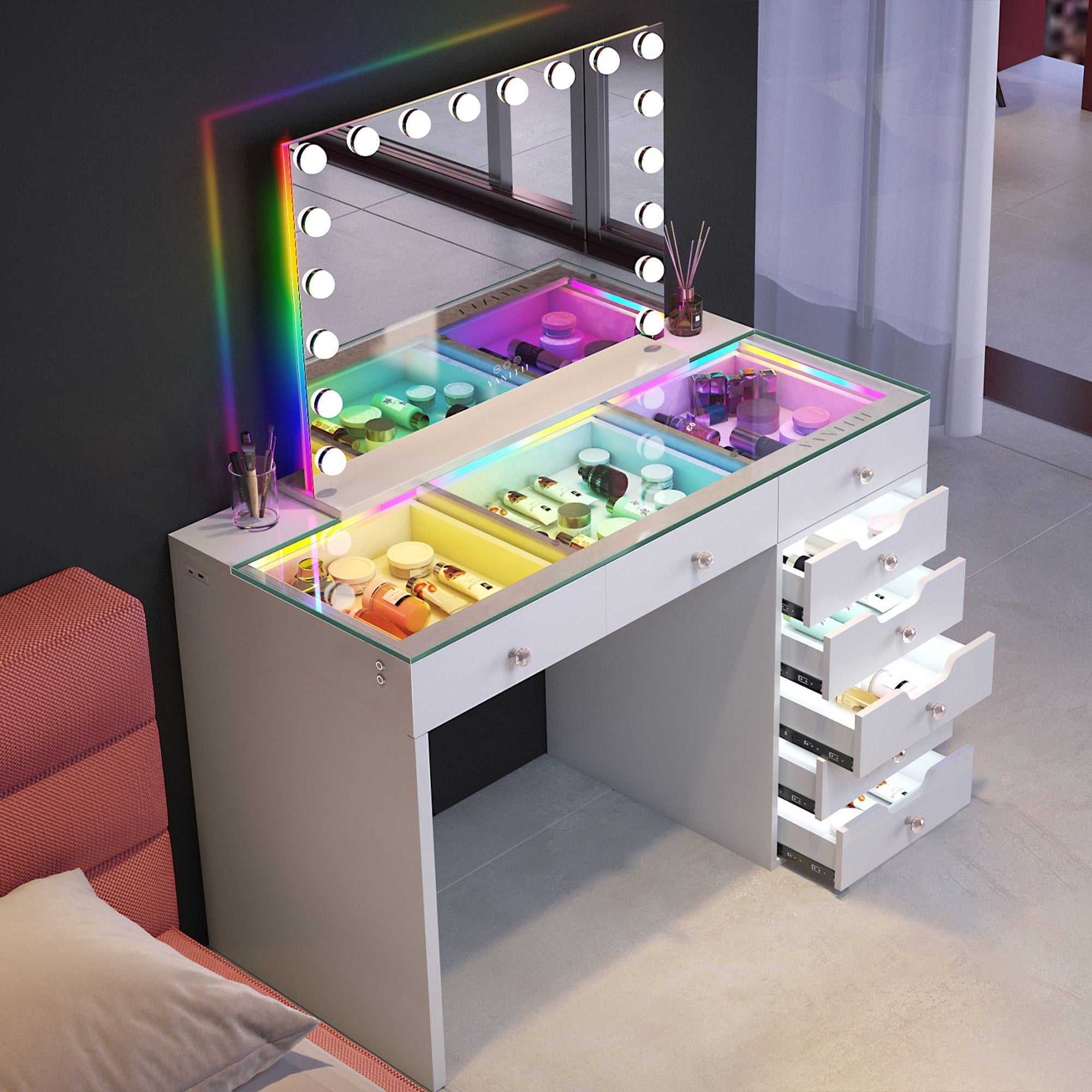 VANITII Diana RGB Vanity Desk with Light - 8 Storage Drawers