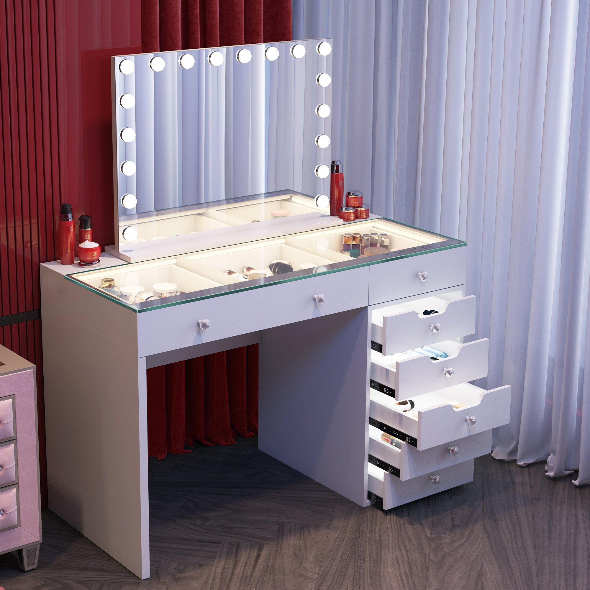 VANITII Diana Vanity Desk with light - 8 Storage Drawers