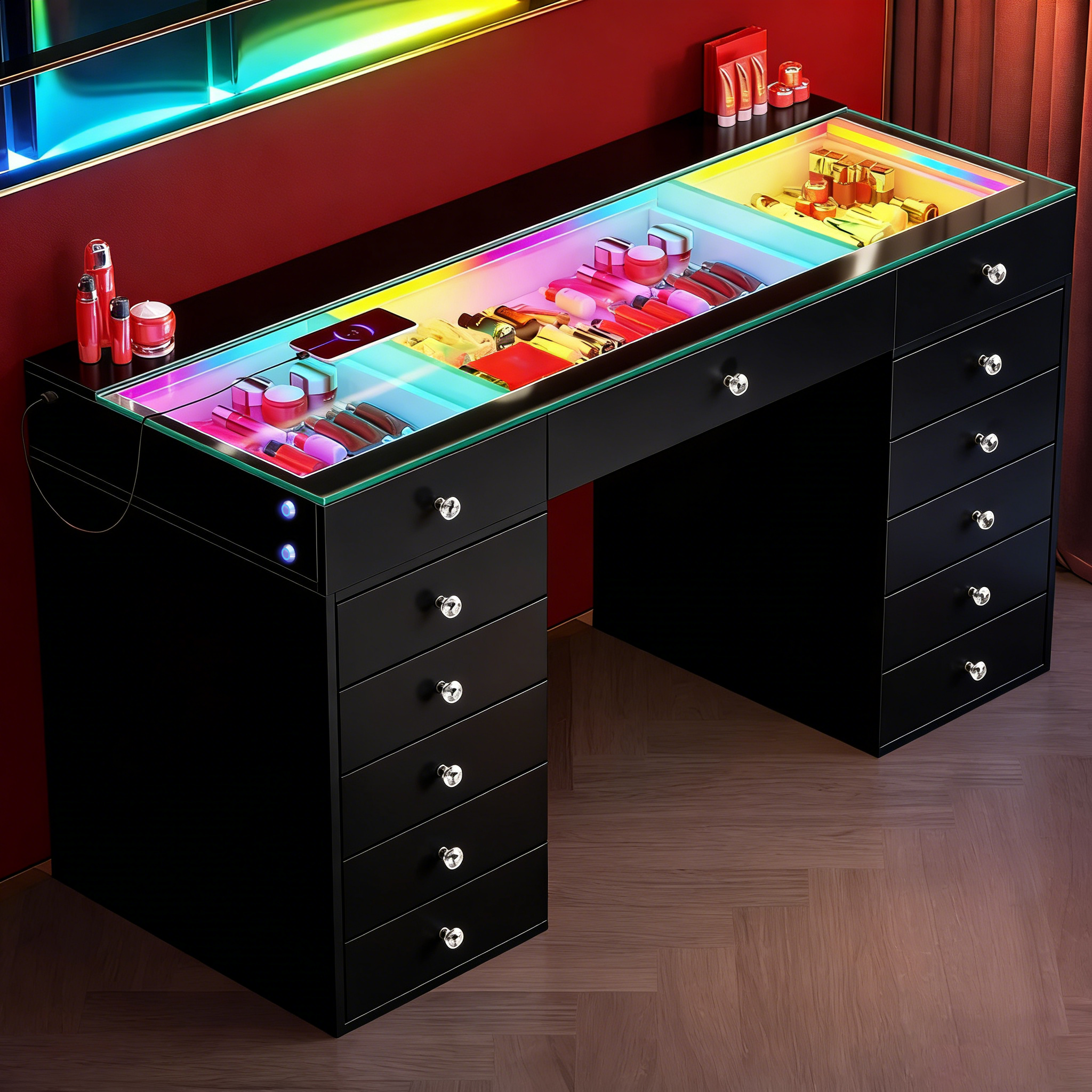 Promotion Deal! VANITII Eva-RGB Vanity Desk with 13 Storage Drawers（VNT-EVA(IVY-TOP)-RGB-WHT-A）