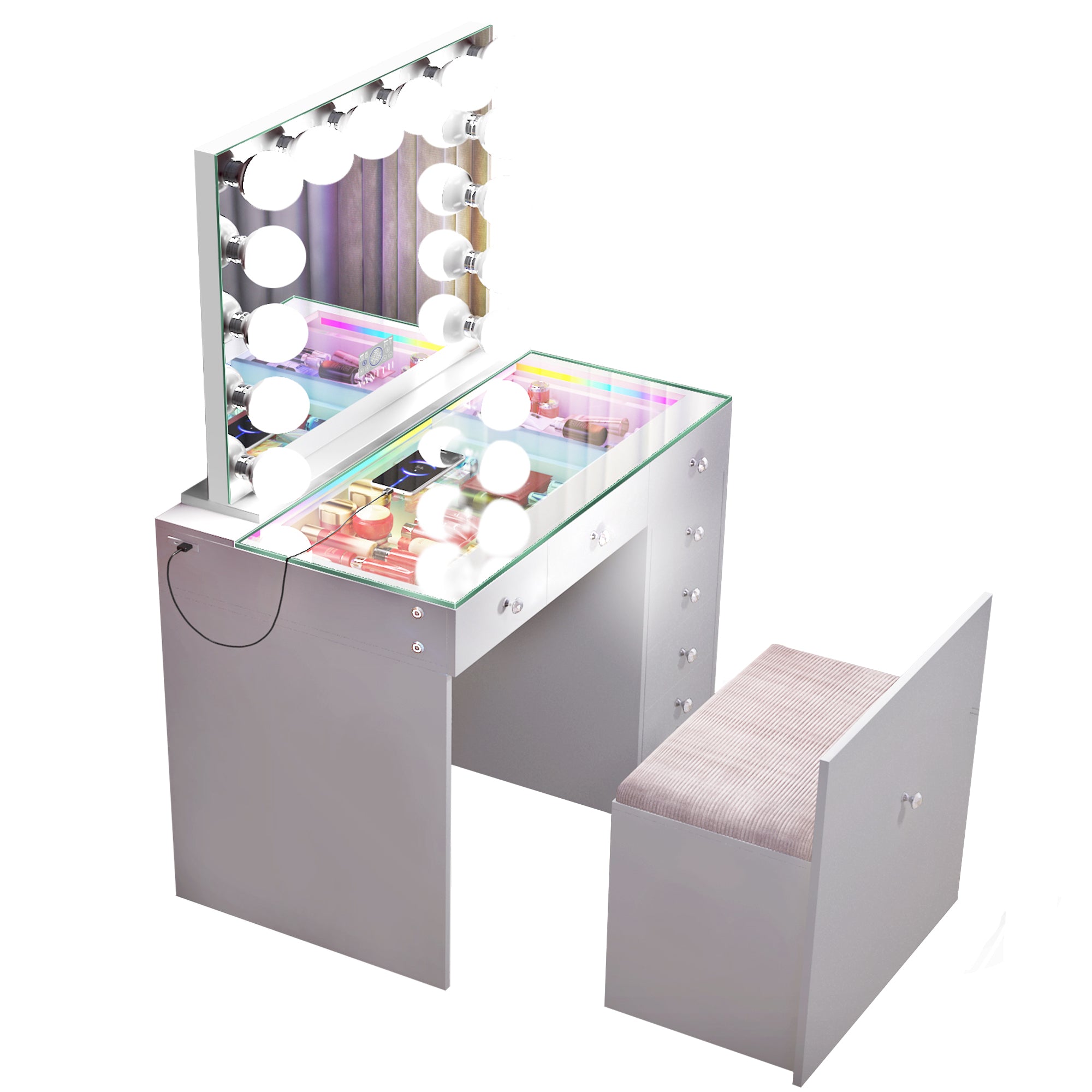 New Release ! VANITII Mini Diana Vanity Desk and Marilyn Mirror with Soft Hidden Stool