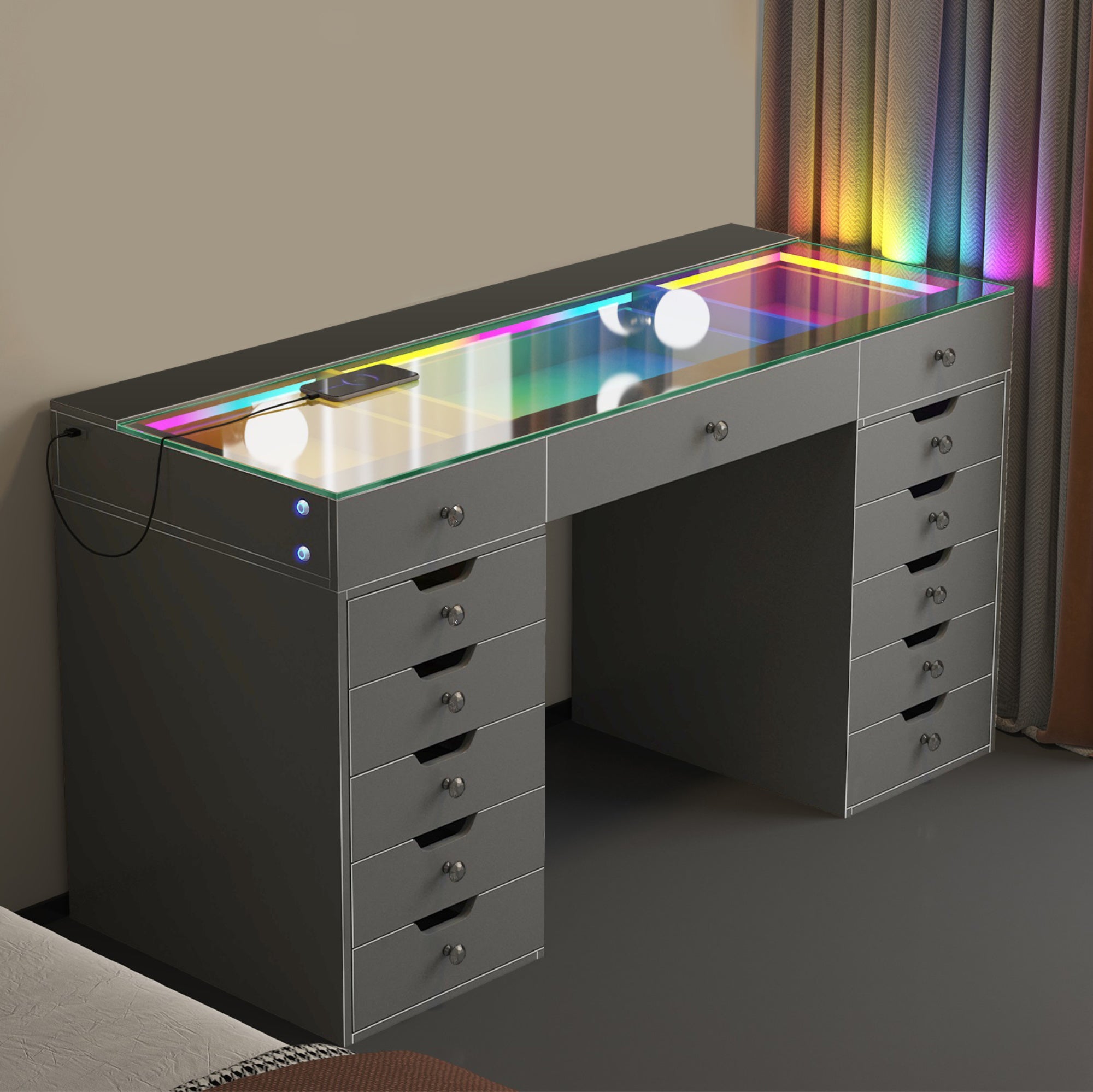 Promotion Deal! VANITII Eva-RGB Vanity Desk Set with 13 Storage Drawers（VNT-EVA(IVY-TOP)-RGB-WHT）