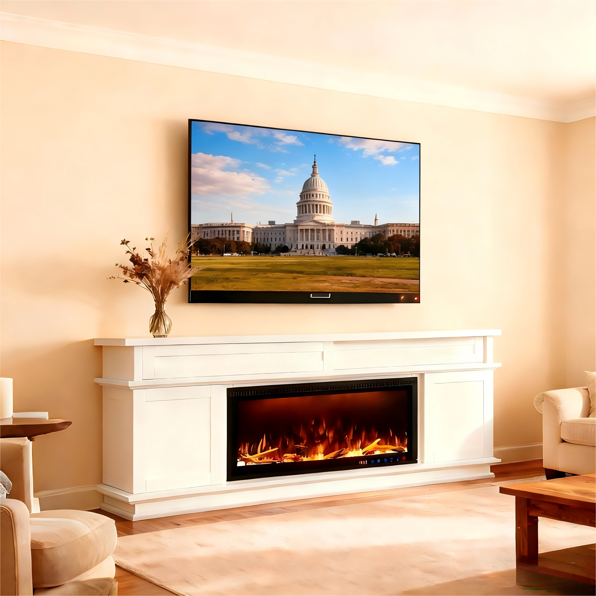 Fully Assembled 70" White Ash Veneer Fireplace TV Stand