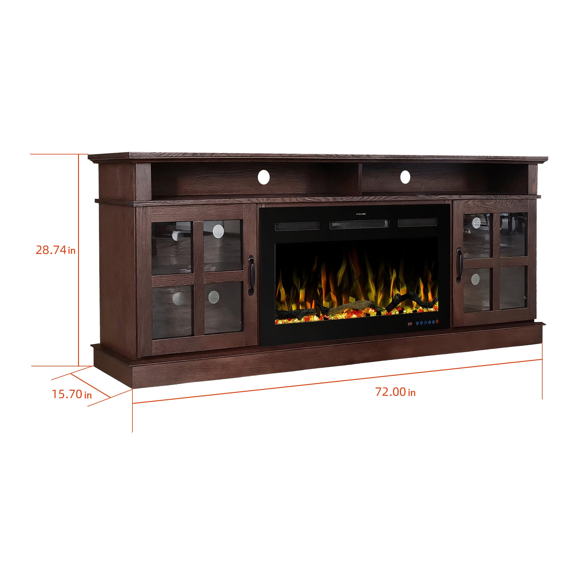 72“ Teak Ash Wood Veneer Fireplace TV stand with Bluetooth
