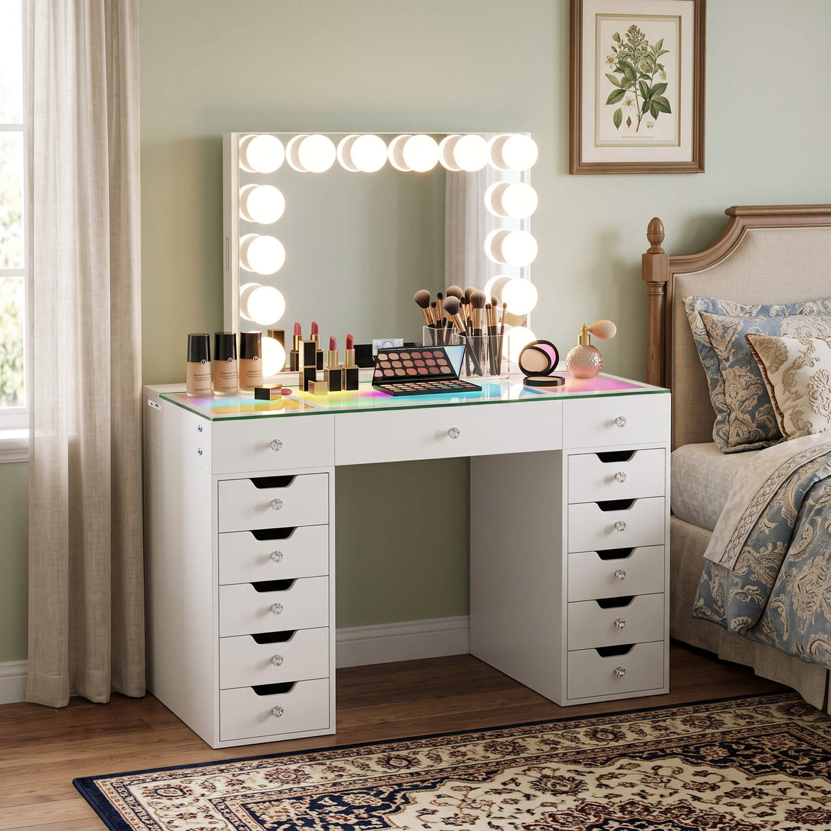 VANITII Eva-RGB Vanity Desk Set Including Marilyn Hollywood Vanity Mirror Pro with Jewelry Organizer