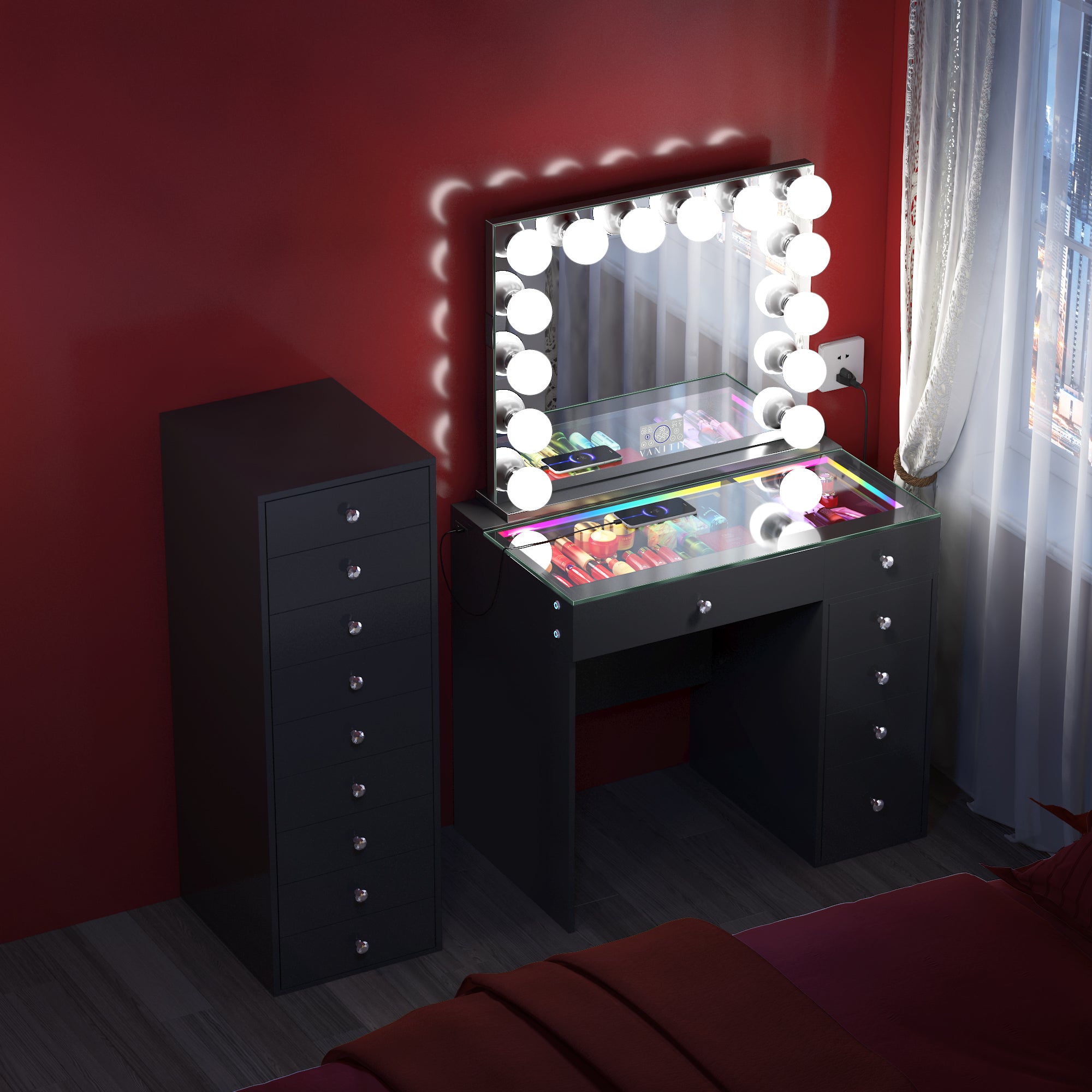 April Promotion ! VANITII Mini Diana Vanity Desk with Marilyn Hollywood Vanity Mirror and 9 Drawer Unit (Only sell in California)