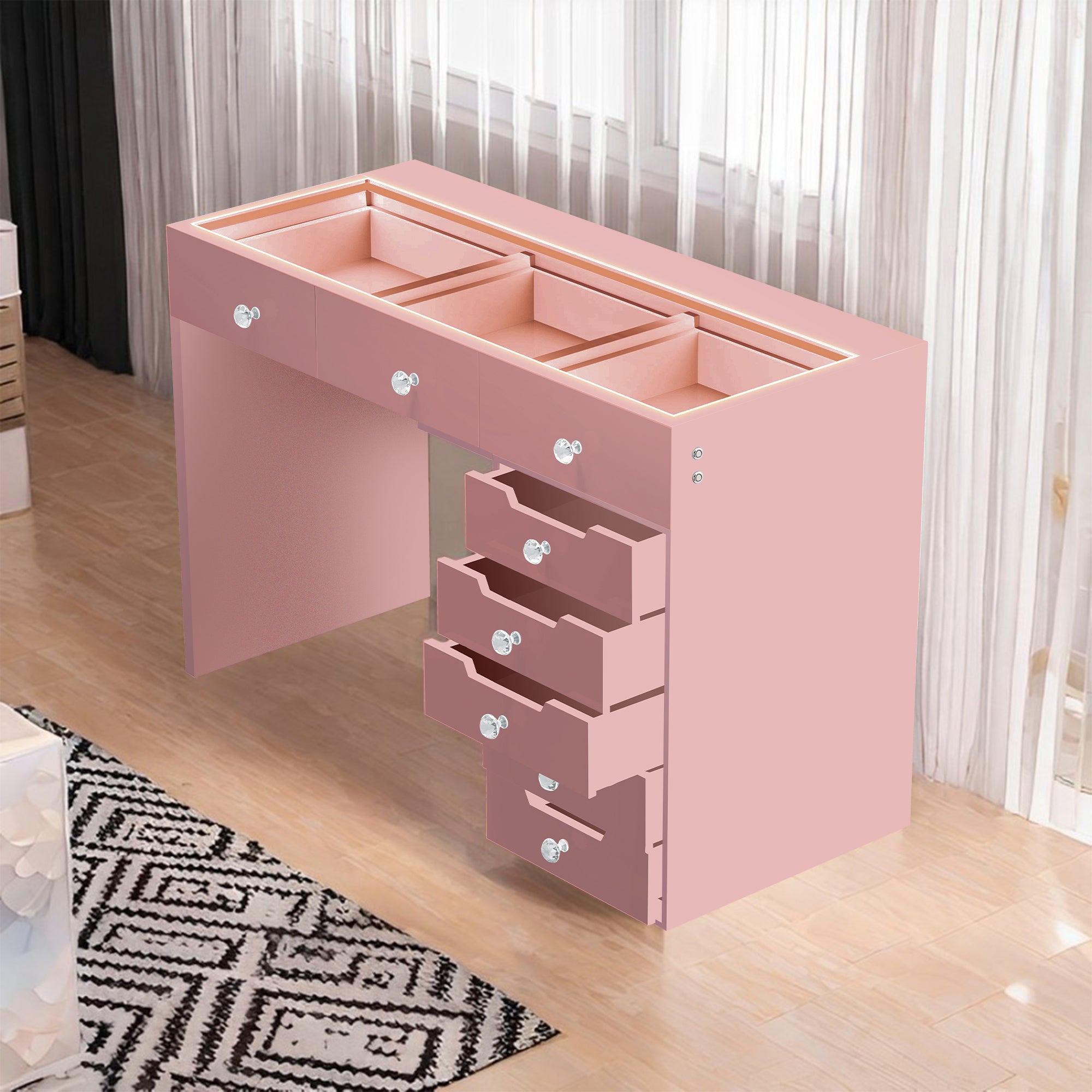 VANITII Diana Pink Vanity Desk - 8 Storage Drawers