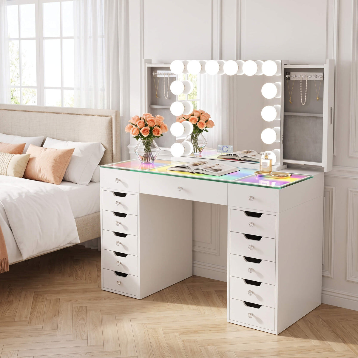 VANITII Eva-RGB Vanity Desk Set Including Marilyn Hollywood Vanity Mirror Pro with Jewelry Organizer
